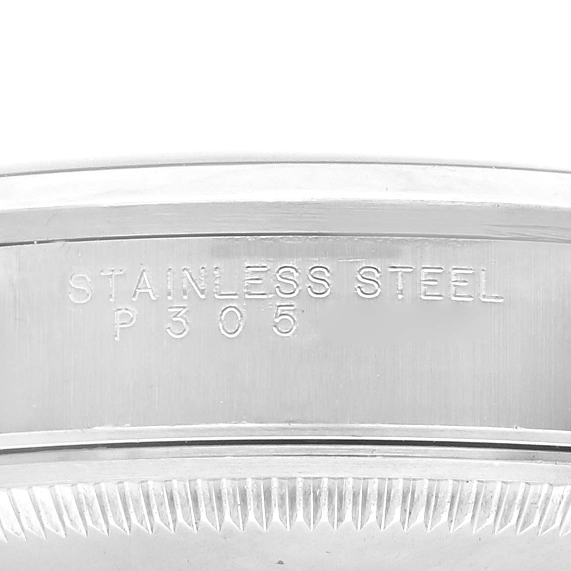 This is a close-up view of the case back of a Rolex Date 15200 Men's Stainless Steel Blue Dial 15200 Men's Stainless Steel Blue Dial model watch, showing the stainless steel engraving.