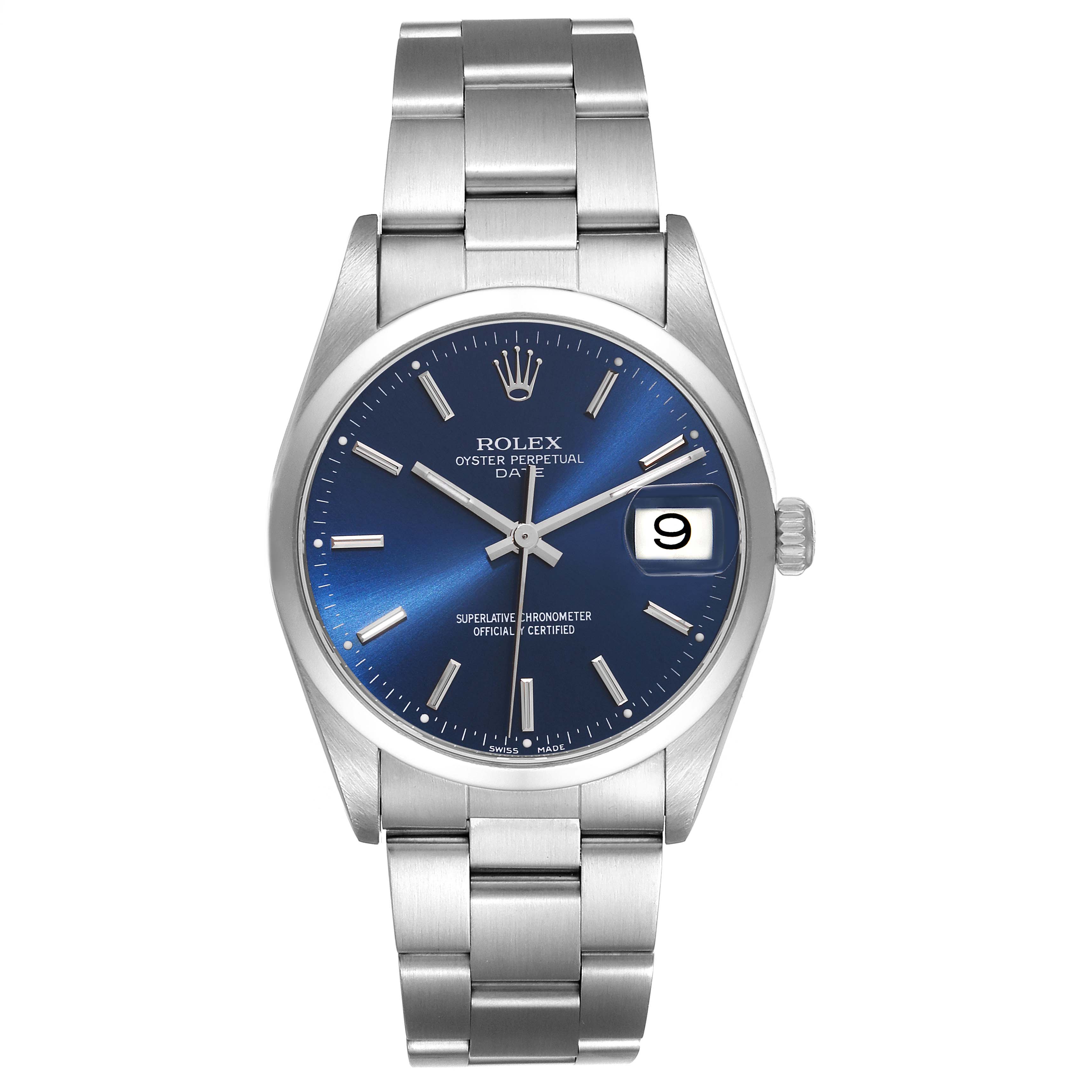 This image shows a front view of a Rolex Oyster Perpetual Date watch, displaying the dial, bezel, bracelet, and date window.