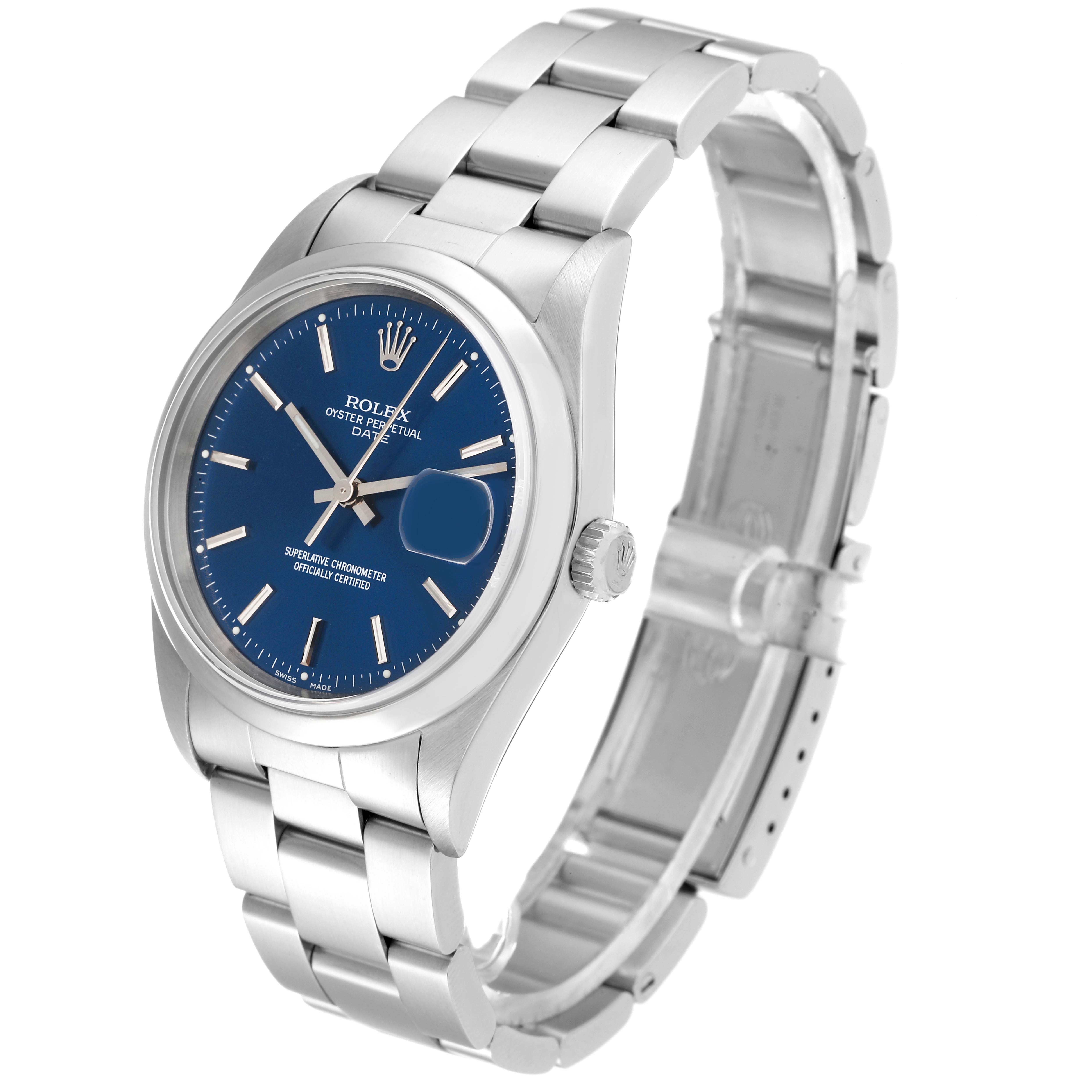 The image shows a Rolex Date 15200 Men's Stainless Steel Blue Dial 15200 Men's Stainless Steel Blue Dial model watch at an angle revealing the dial, case, bracelet, and crown.