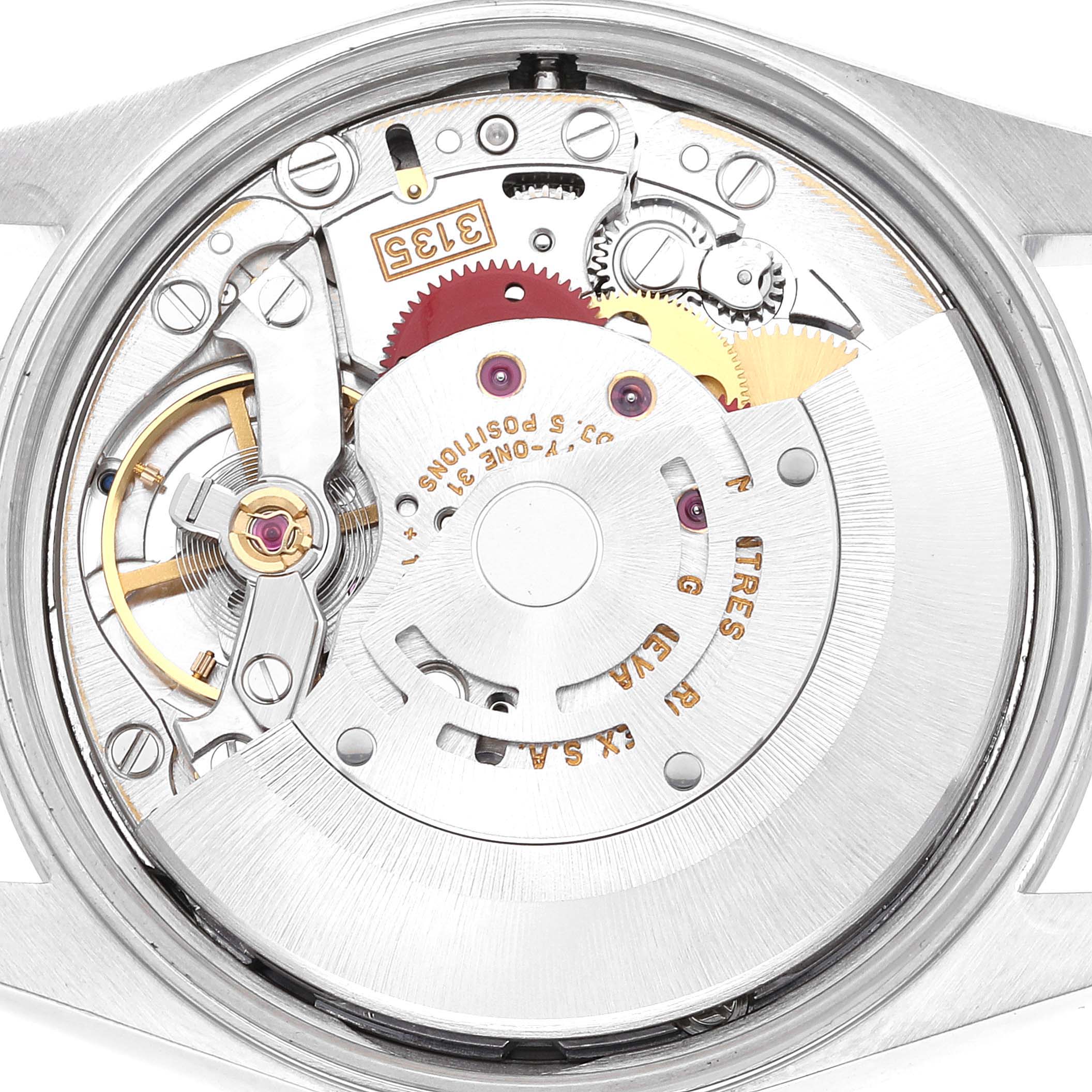 This image shows the internal mechanical parts of a Rolex Date 15200 Men's Stainless Steel Blue Dial 15200 Men's Stainless Steel Blue Dial model watch from a rear angle, revealing gears and the movement mechanism.