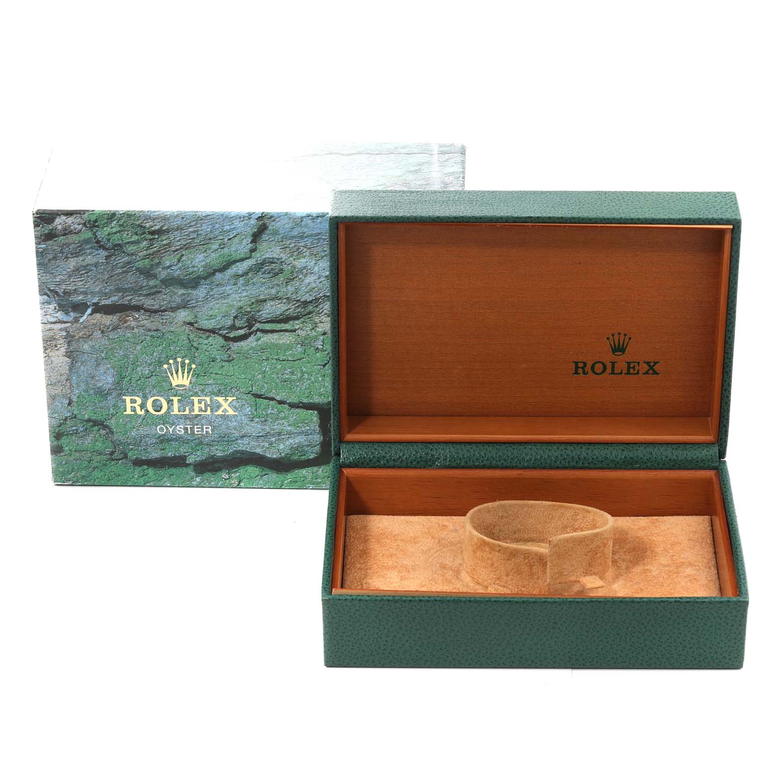 The image shows a Rolex Date 15200 Men's Stainless Steel Blue Dial 15200 Men's Stainless Steel Blue Dial model watch box with its lid open, displaying the inner cushion and outer packaging.