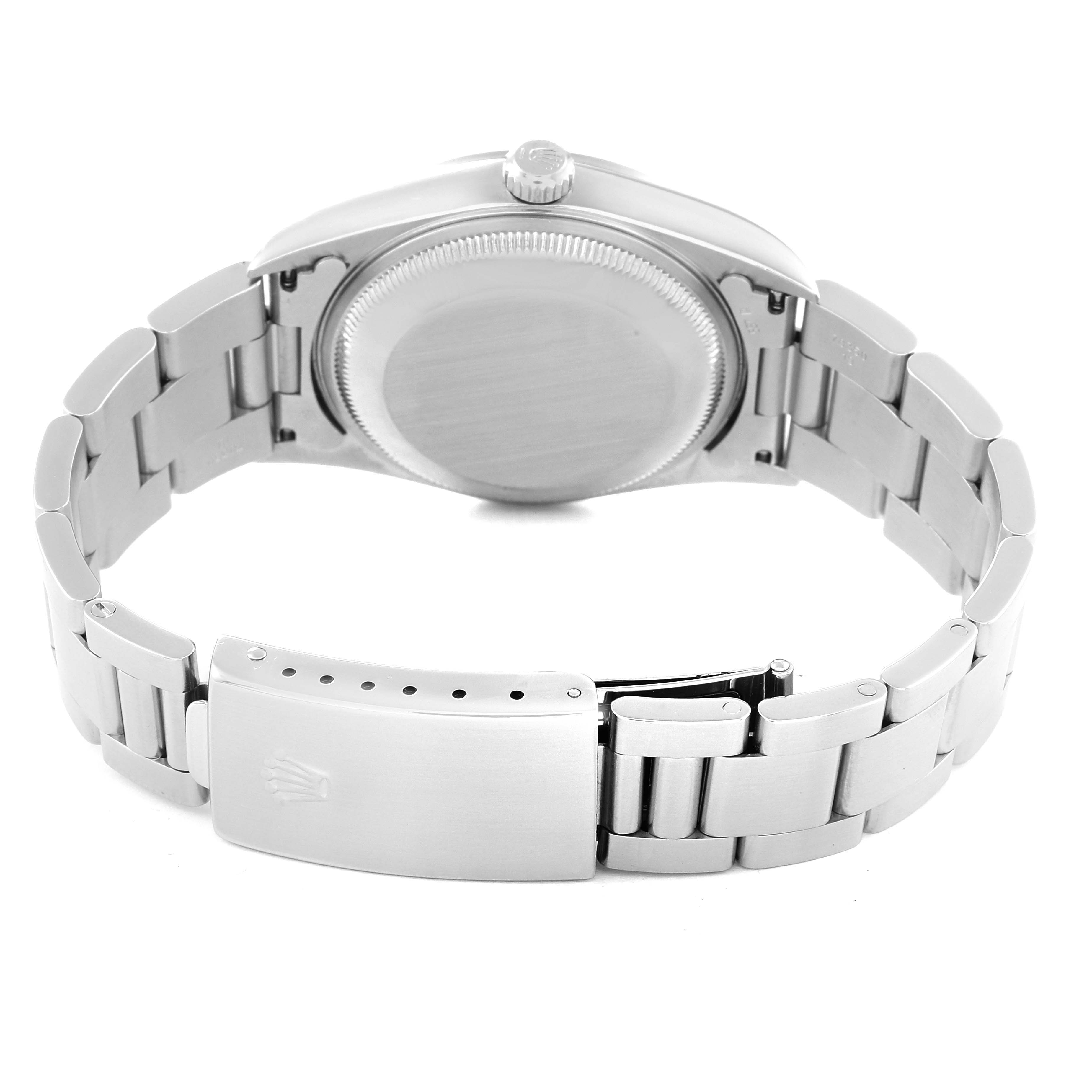 The image shows the back case and bracelet clasp of a Rolex Date 15200 Men's Stainless Steel Blue Dial 15200 Men's Stainless Steel Blue Dial model watch from a rear angle.