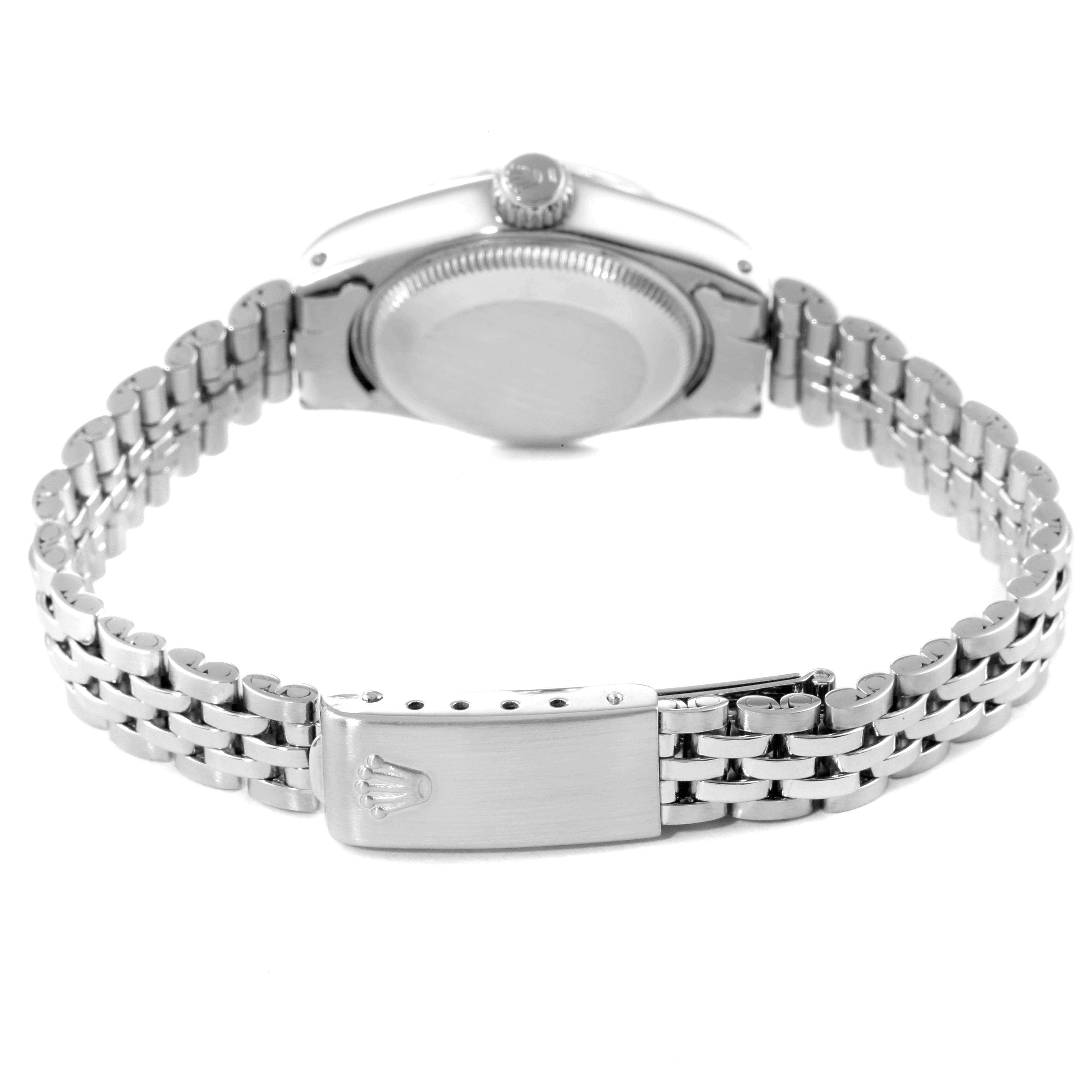 This is a rear view of a Rolex Date 6924 Women
s Stainless Steel Silver Dial 6924 Women
s Stainless Steel Silver Dial model watch, displaying the case back, crown, and the bracelet with clasp.