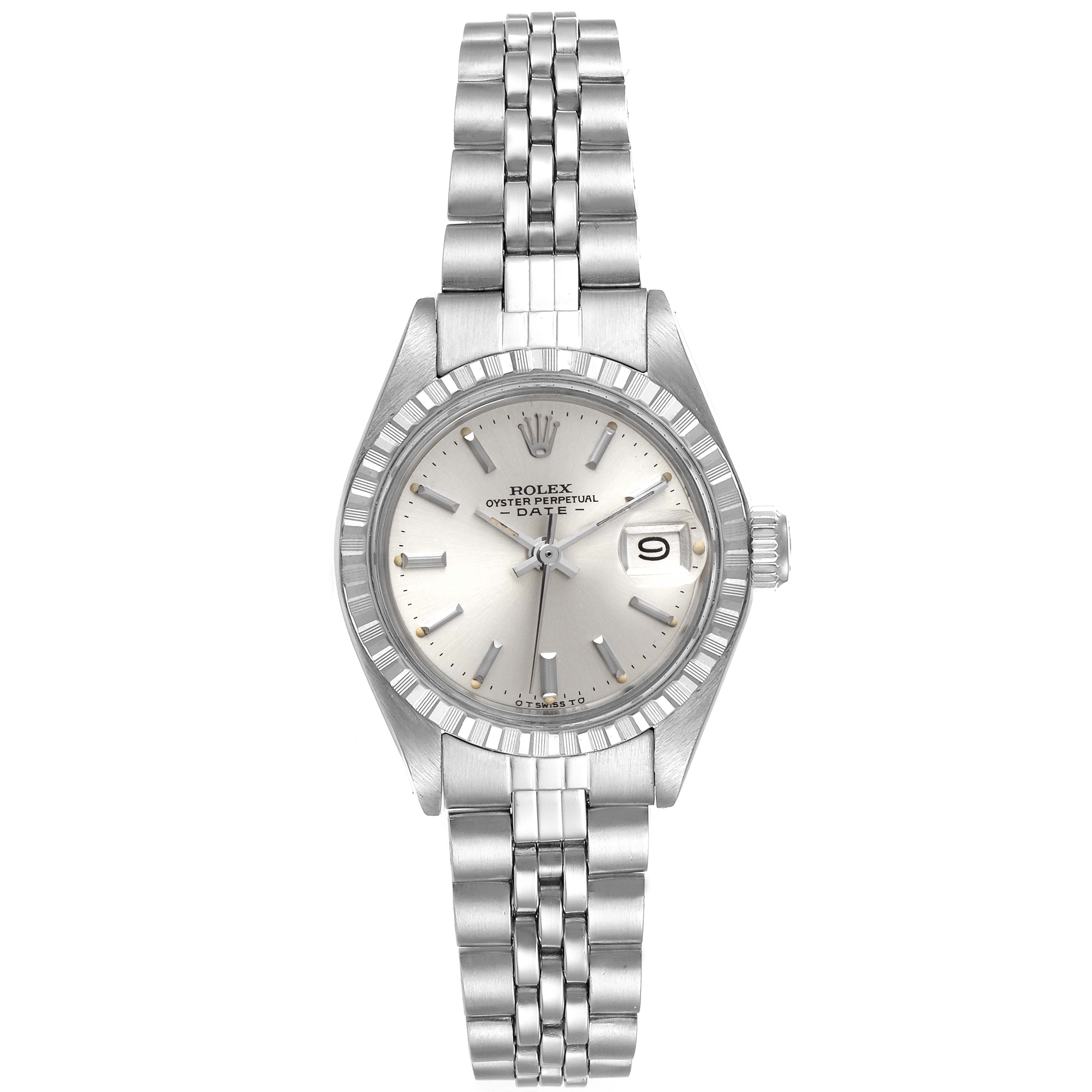 The image shows a front view of a Rolex Date 6924 Women
s Stainless Steel Silver Dial 6924 Women
s Stainless Steel Silver Dial model watch, highlighting the face, bezel, crown, and bracelet.