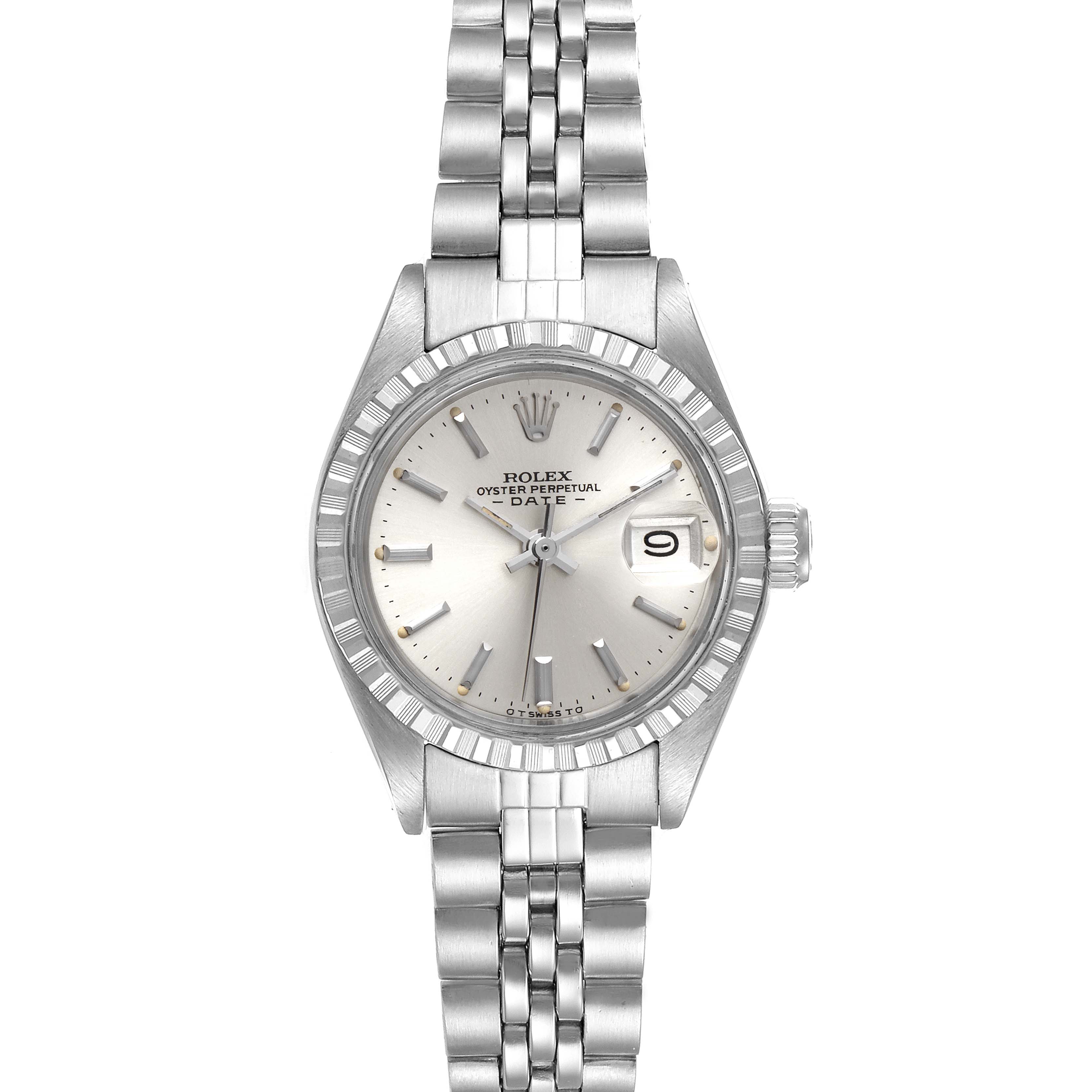 This image shows a full frontal view of a Rolex Date 6924 Women
s Stainless Steel Silver Dial 6924 Women
s Stainless Steel Silver Dial model watch, displaying its dial, bezel, crown, and bracelet.