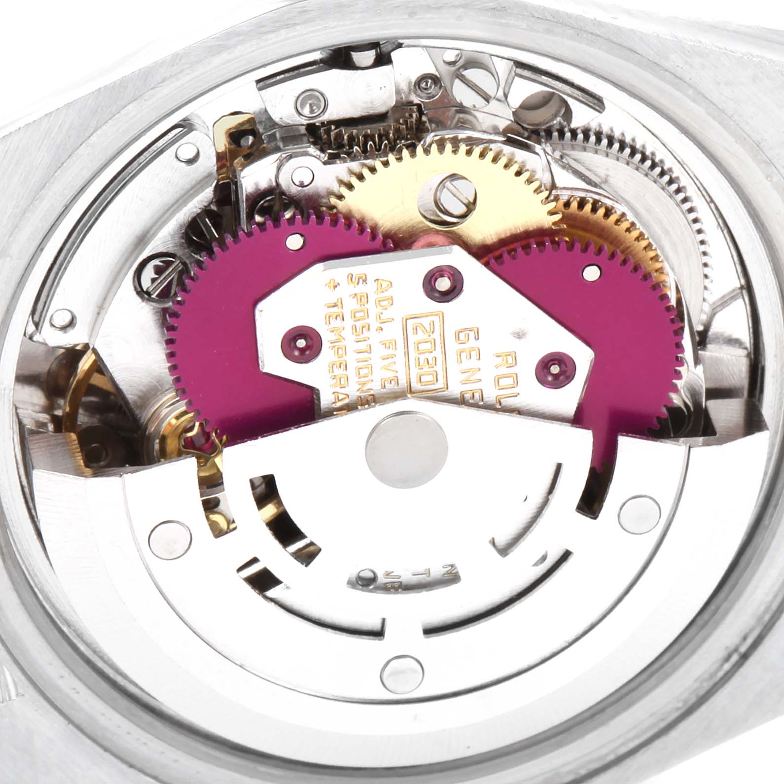 This image shows a close-up of the movement and internal gears of a Rolex Date 6924 Women
s Stainless Steel Silver Dial 6924 Women
s Stainless Steel Silver Dial model.