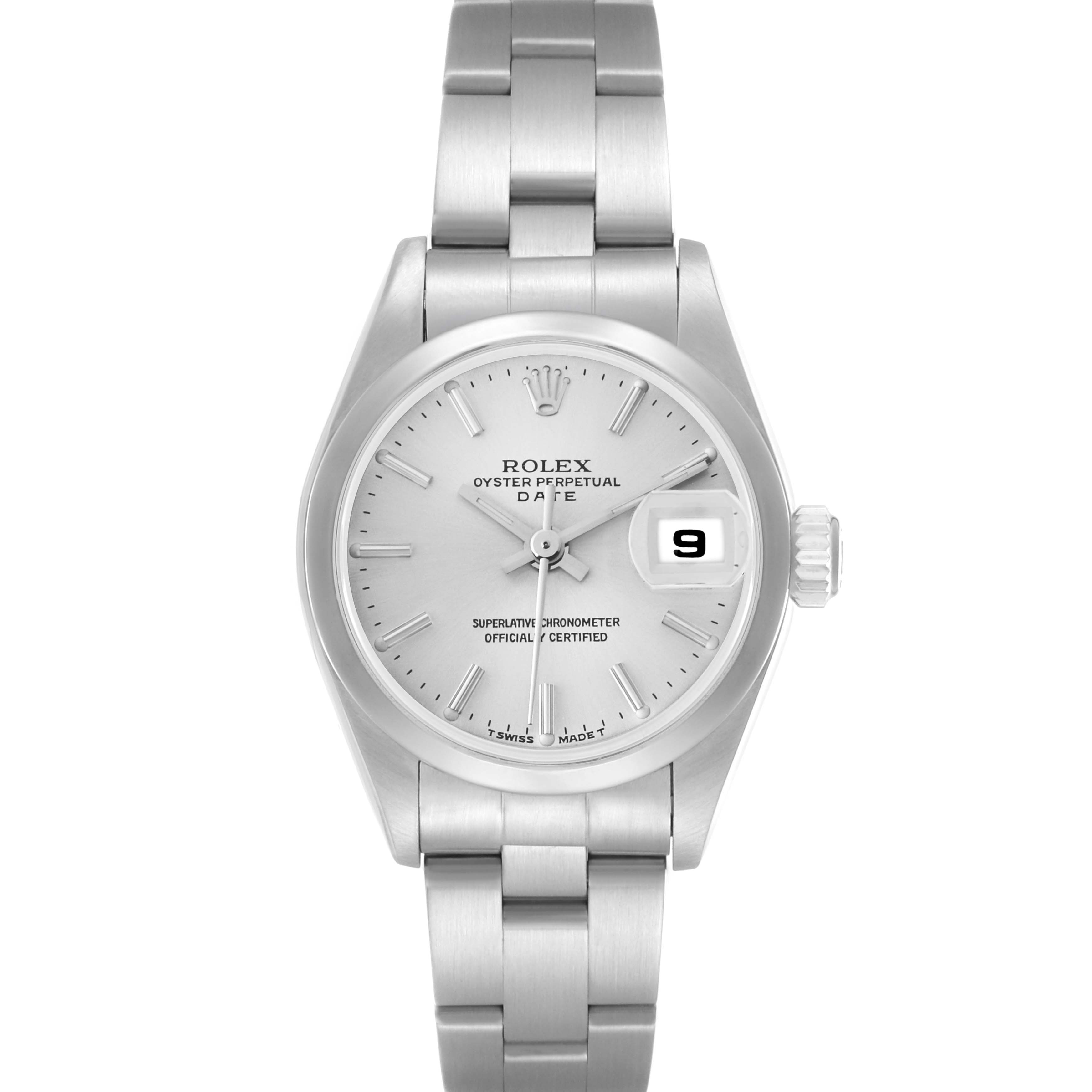 The Rolex Date 69160 Women
s Stainless Steel Silver Dial 69160 Women
s Stainless Steel Silver Dial watch is shown from a front angle, highlighting the dial, hands, bracelet, and date magnification.
