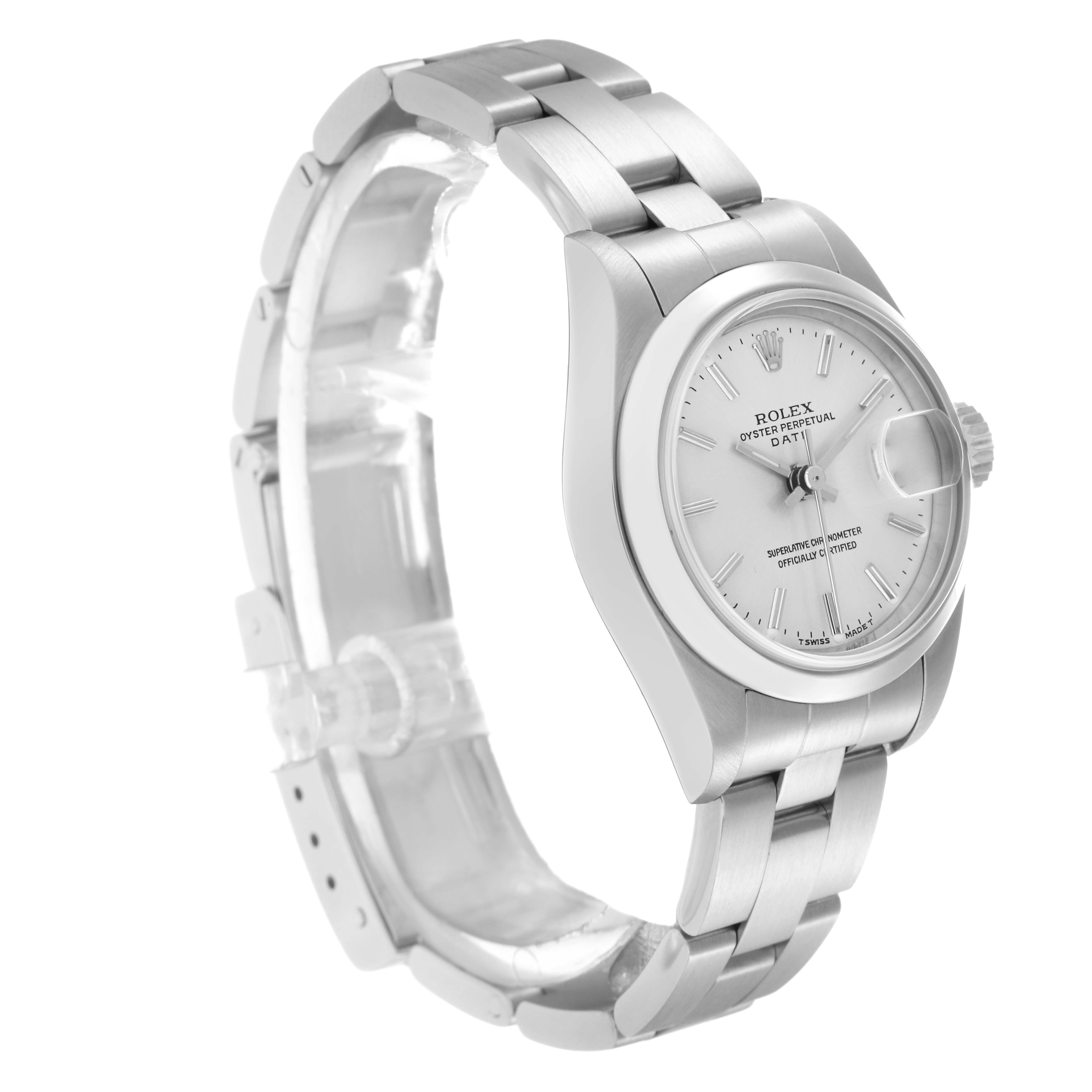 The Rolex Date 69160 Women
s Stainless Steel Silver Dial 69160 Women
s Stainless Steel Silver Dial model watch is shown at a three-quarter angle, highlighting the case, bracelet, and dial.