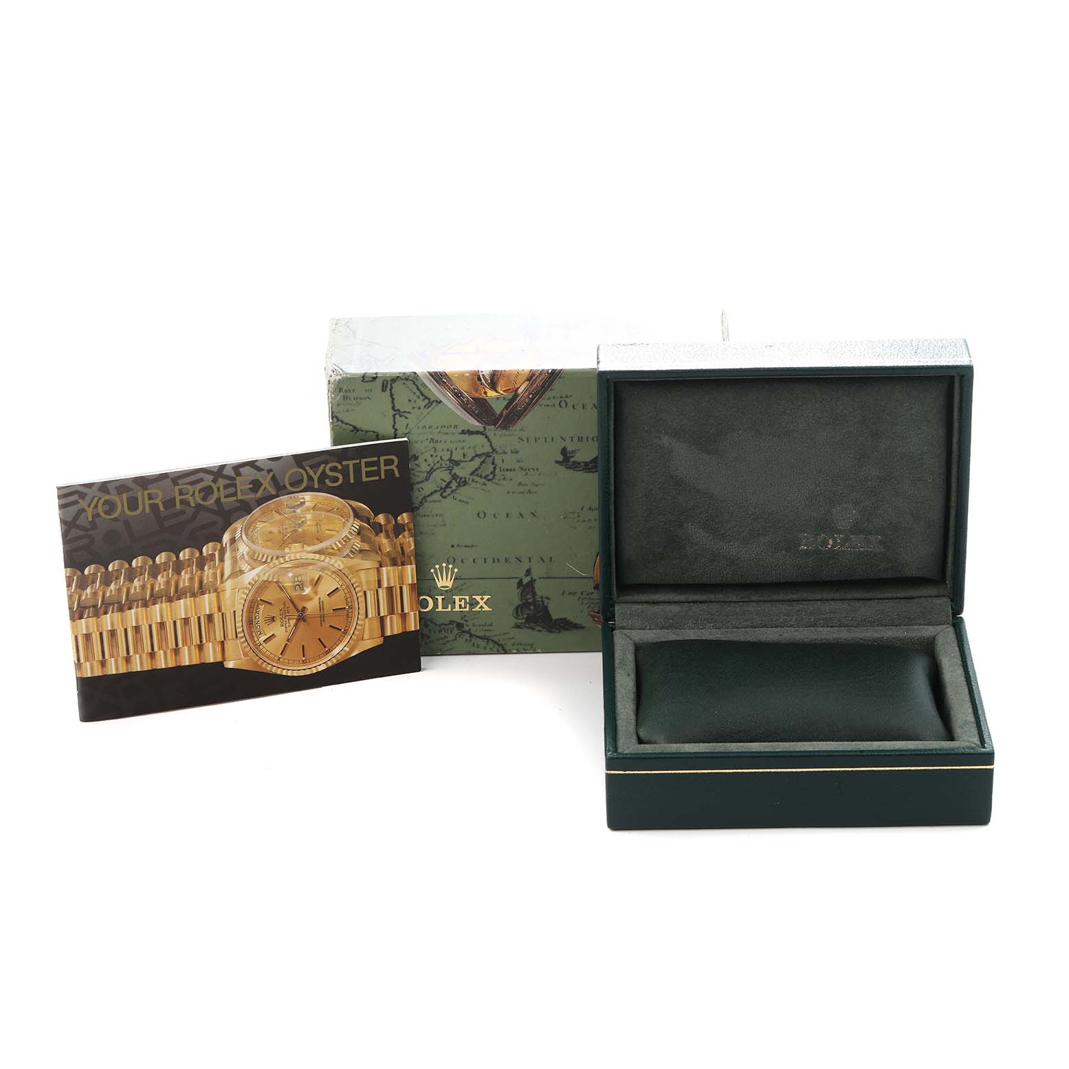 The image shows an empty Rolex Date 69160 Women
s Stainless Steel Silver Dial 69160 Women
s Stainless Steel Silver Dial model box, booklet, and outer packaging.