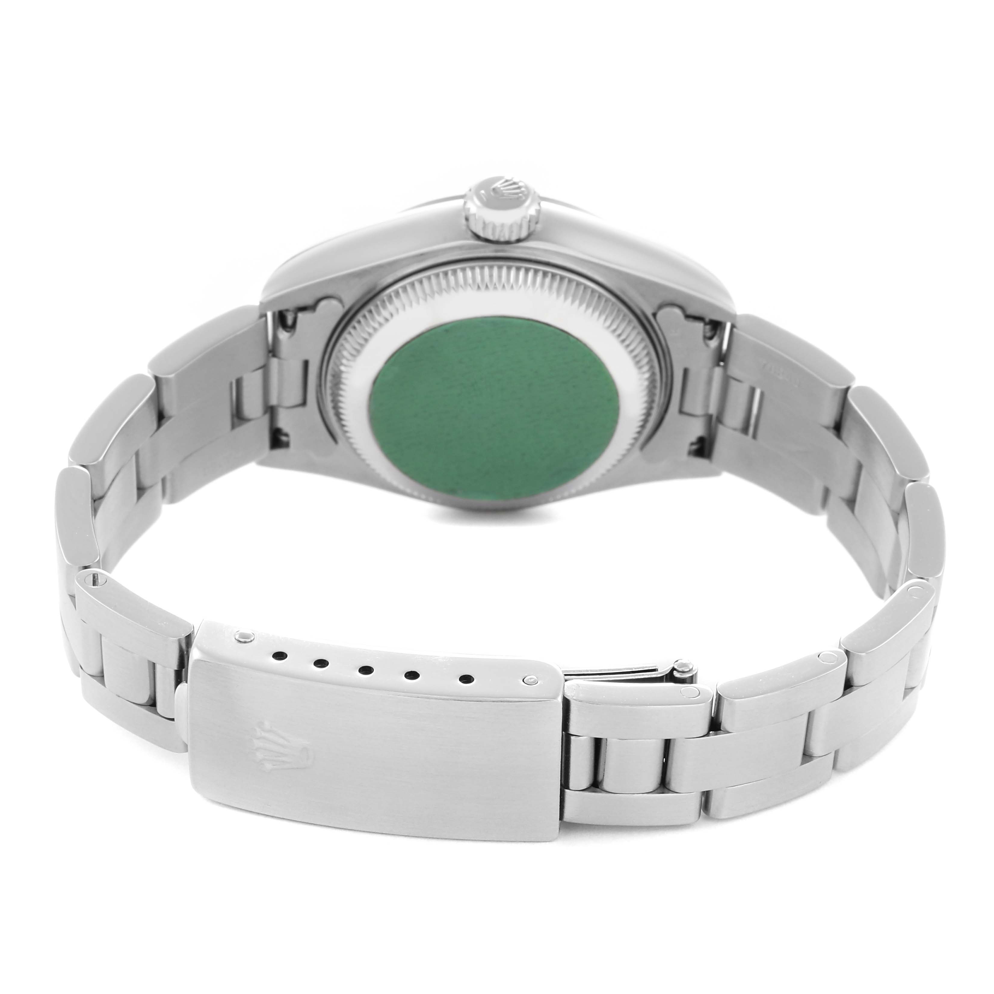 The image shows a rear view of the Rolex Date 69160 Women
s Stainless Steel Silver Dial 69160 Women
s Stainless Steel Silver Dial watch, focusing on the case back, bracelet, and clasp.