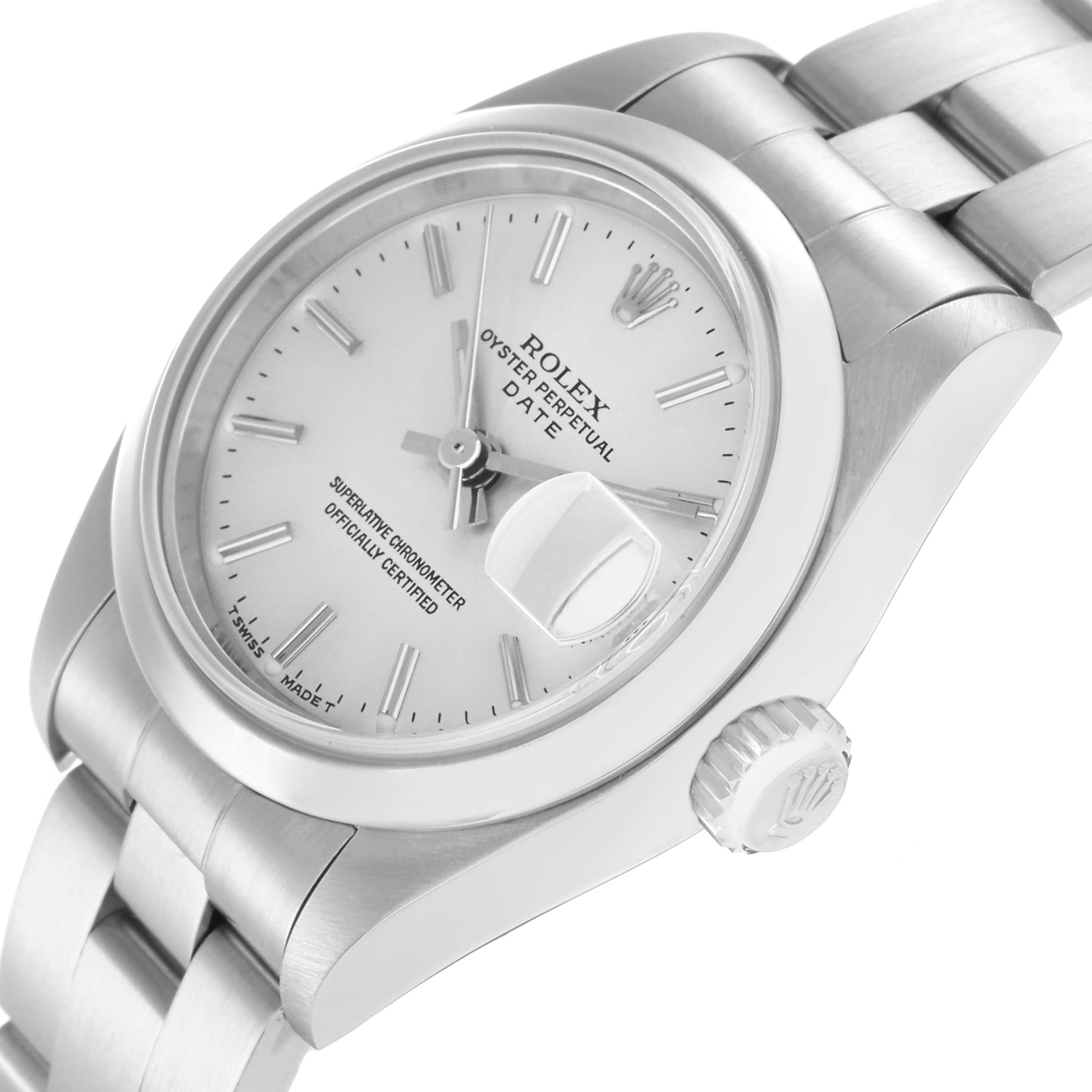 The Rolex Date 69160 Women
s Stainless Steel Silver Dial 69160 Women
s Stainless Steel Silver Dial watch is shown at a three-quarter angle, displaying the dial, bezel, crown, and part of the bracelet.