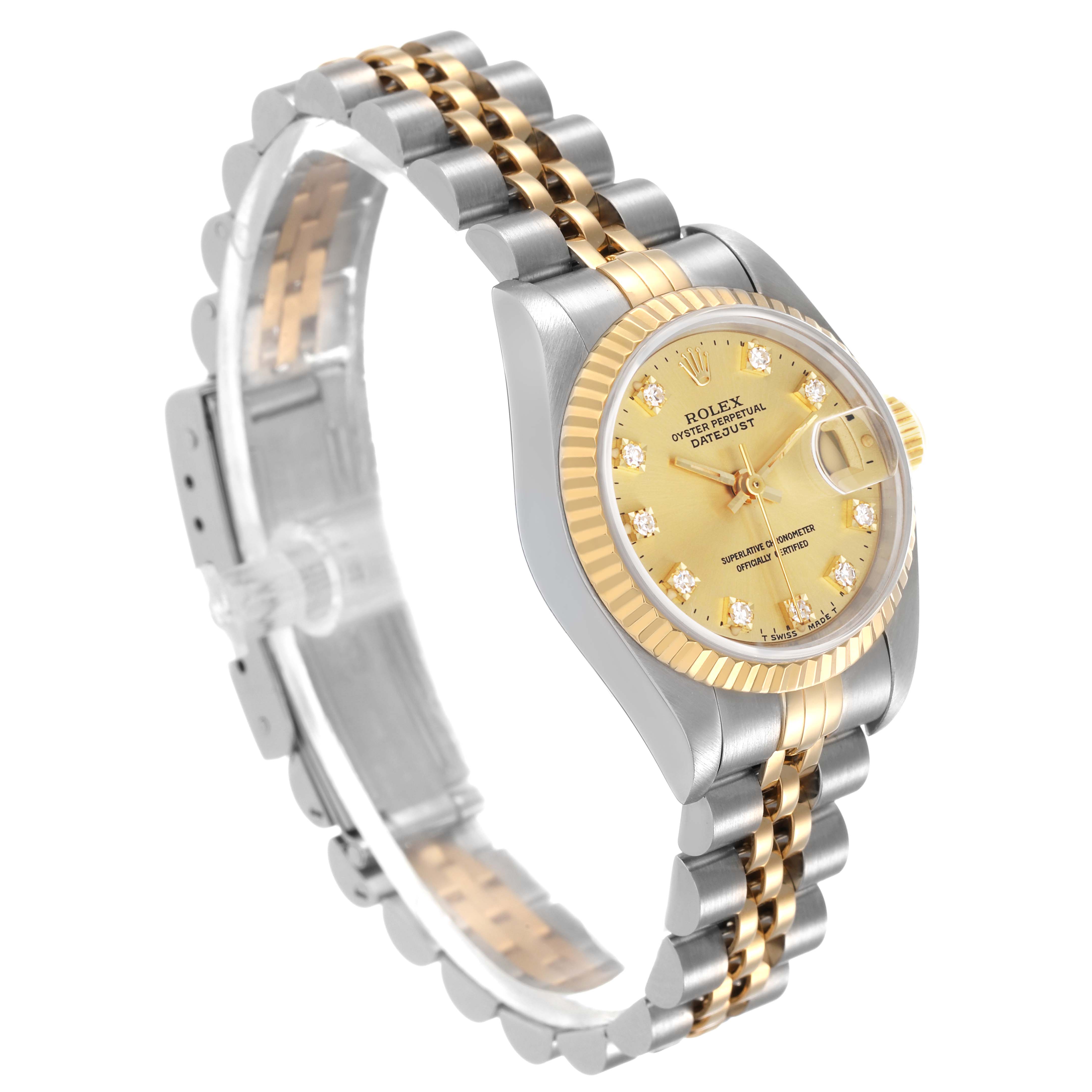 The Rolex Datejust 69173 Women's Steel and Gold (two tone) Champagne Dial watch is shown at a three-quarter angle, highlighting the face, bezel, and jubilee bracelet.
