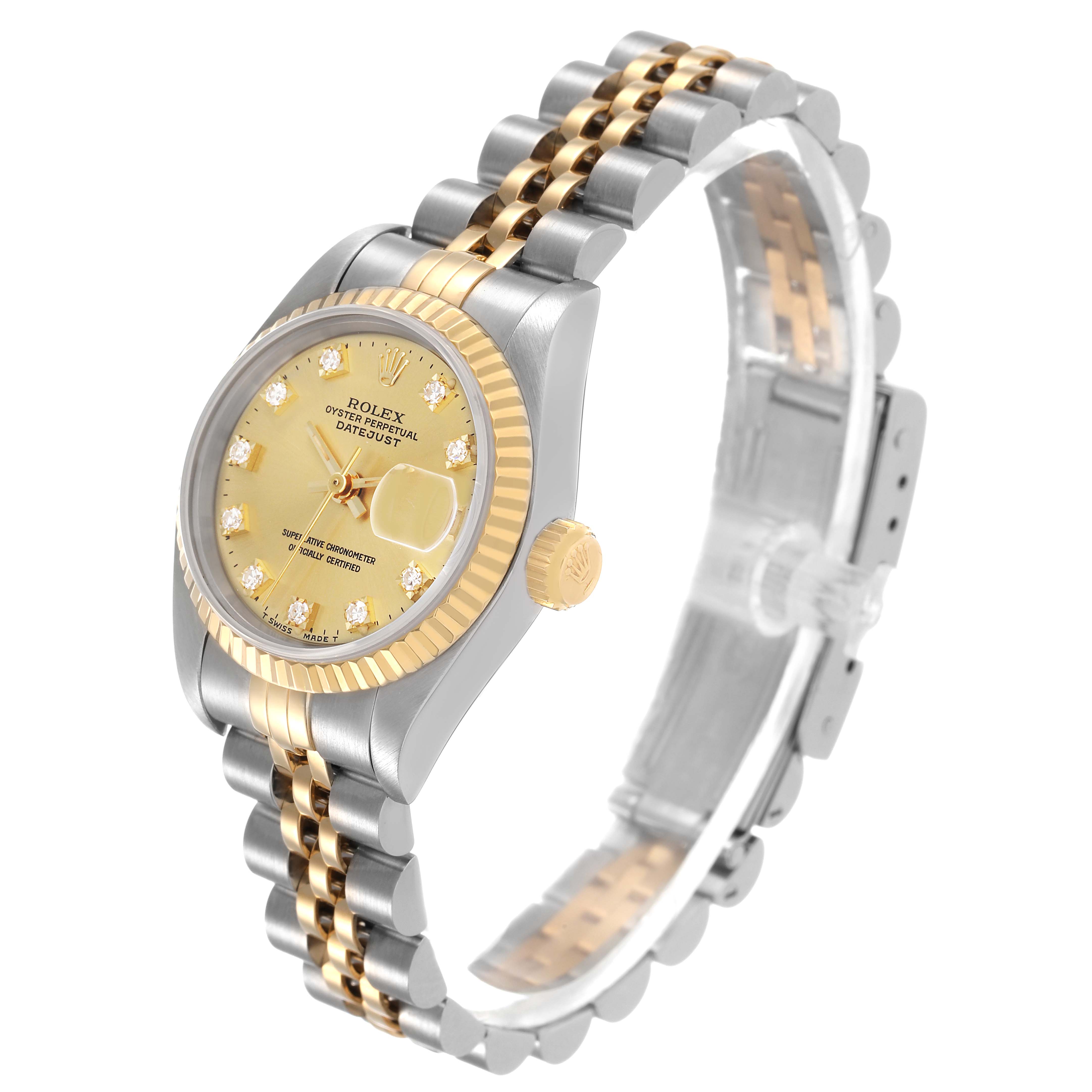 The Rolex Datejust 69173 Women's Steel and Gold (two tone) Champagne Dial watch is shown at an angle highlighting the dial, crown, case, and bracelet.