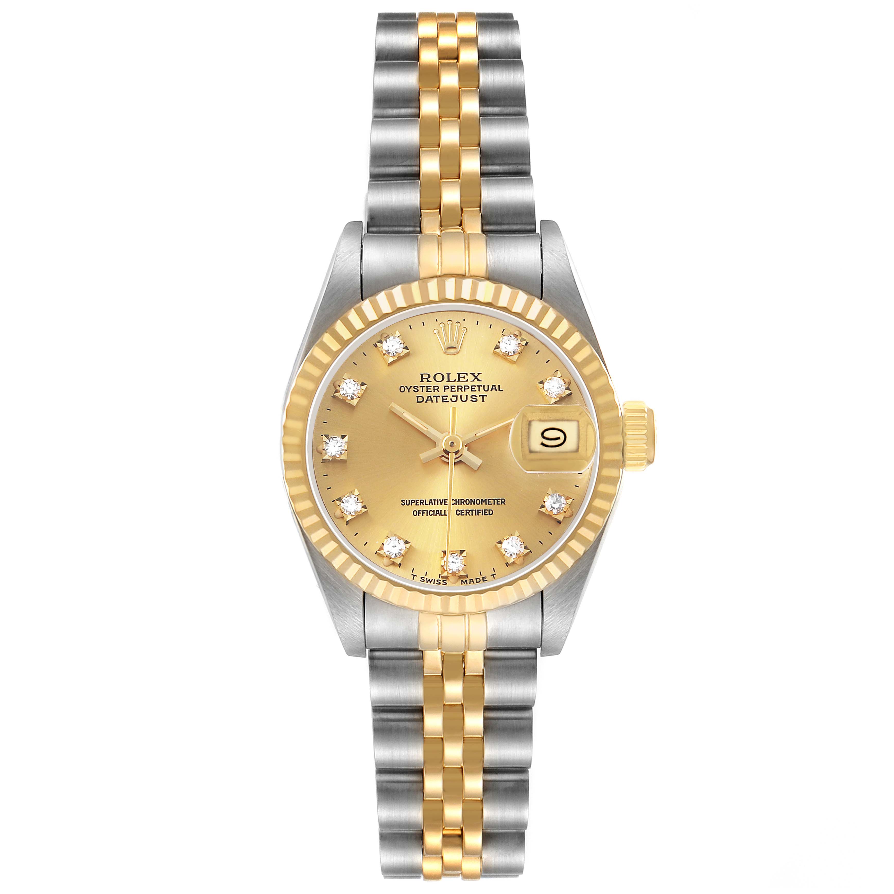This image features a front view of a Rolex Datejust 69173 Women's Steel and Gold (two tone) Champagne Dial watch showcasing its dial, bezel, bracelet, and crown.