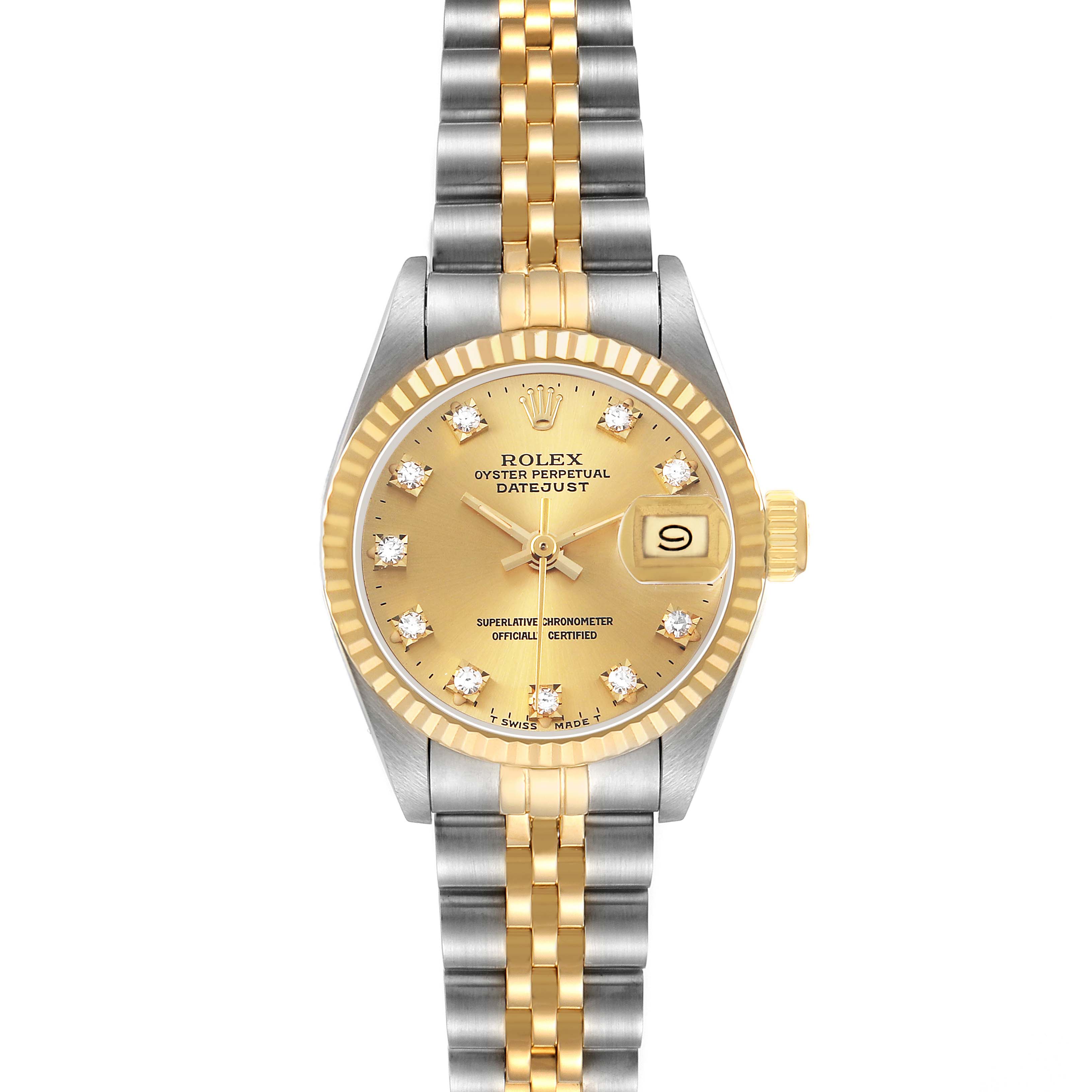 The Rolex Datejust 69173 Women's Steel and Gold (two tone) Champagne Dial watch is shown from a front view, displaying the dial, fluted bezel, and Jubilee bracelet.