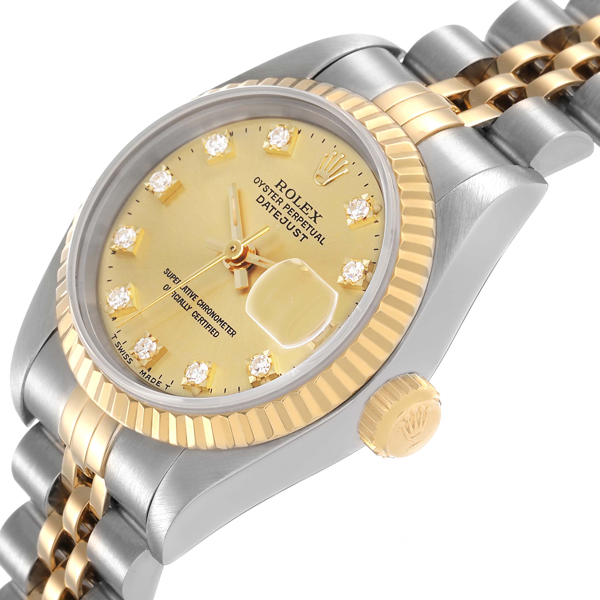 The Rolex Datejust 69173 Women's Steel and Gold (two tone) Champagne Dial watch is angled to display the dial, bezel, crown, and part of the bracelet.