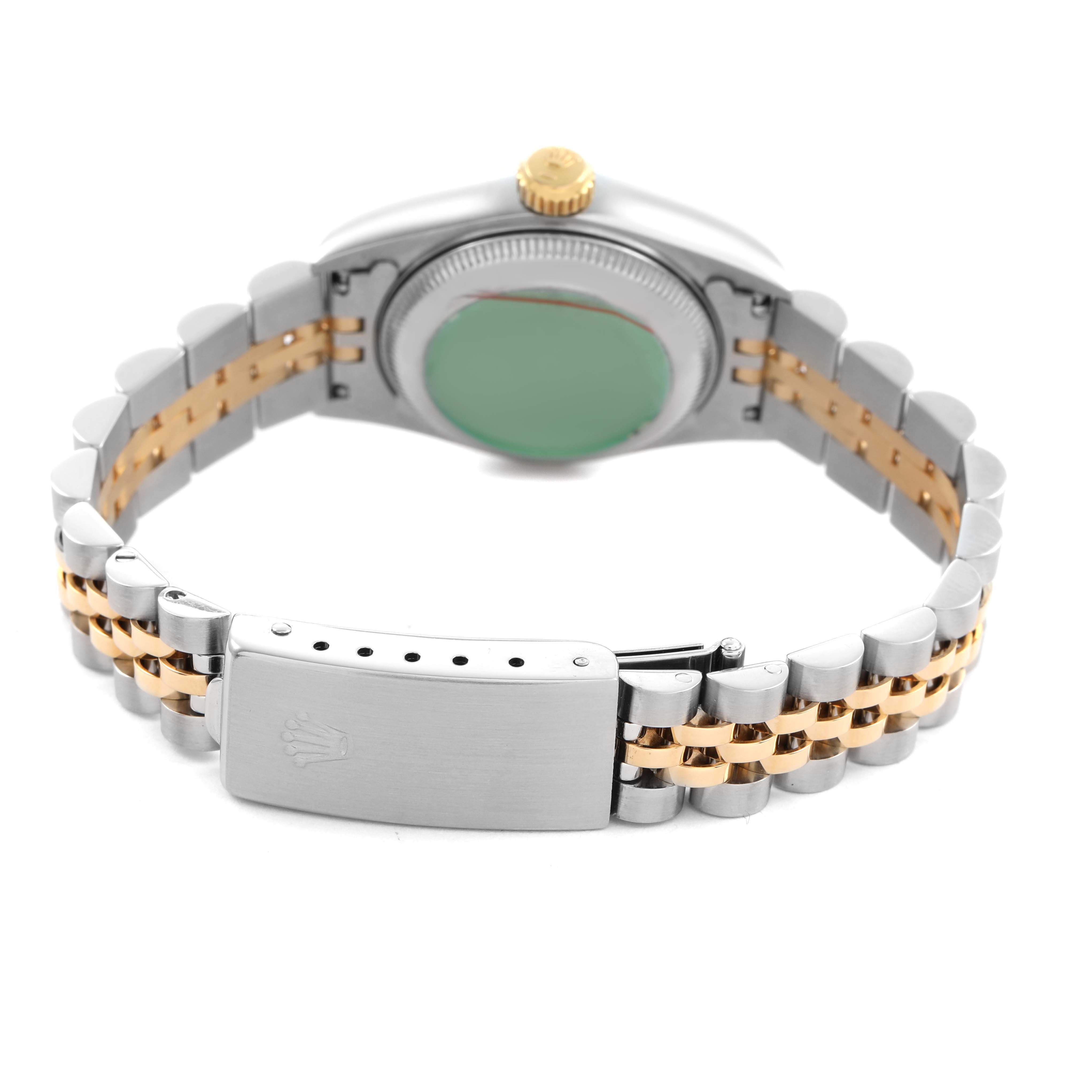 The image shows the back and bracelet of a Rolex Datejust 69173 Women's Steel and Gold (two tone) Champagne Dial, featuring a two-tone Jubilee bracelet and clasp.