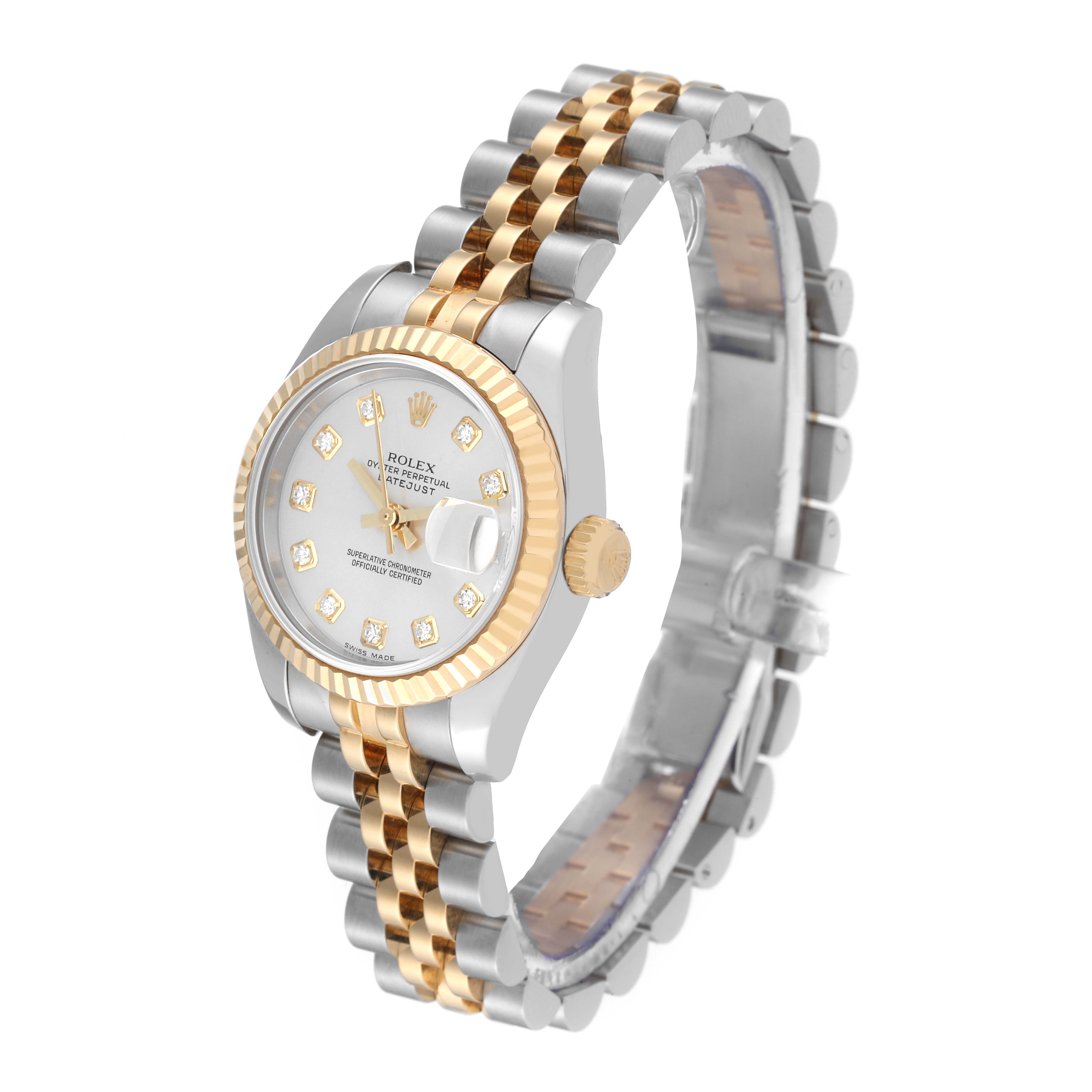 The Rolex Datejust 179173 Women's Steel and Gold (two tone) Grey Dial 179173 Women's Steel and Gold (two tone) Grey Dial watch is shown at a three-quarter angle highlighting the face, bezel, crown, and two-tone bracelet.