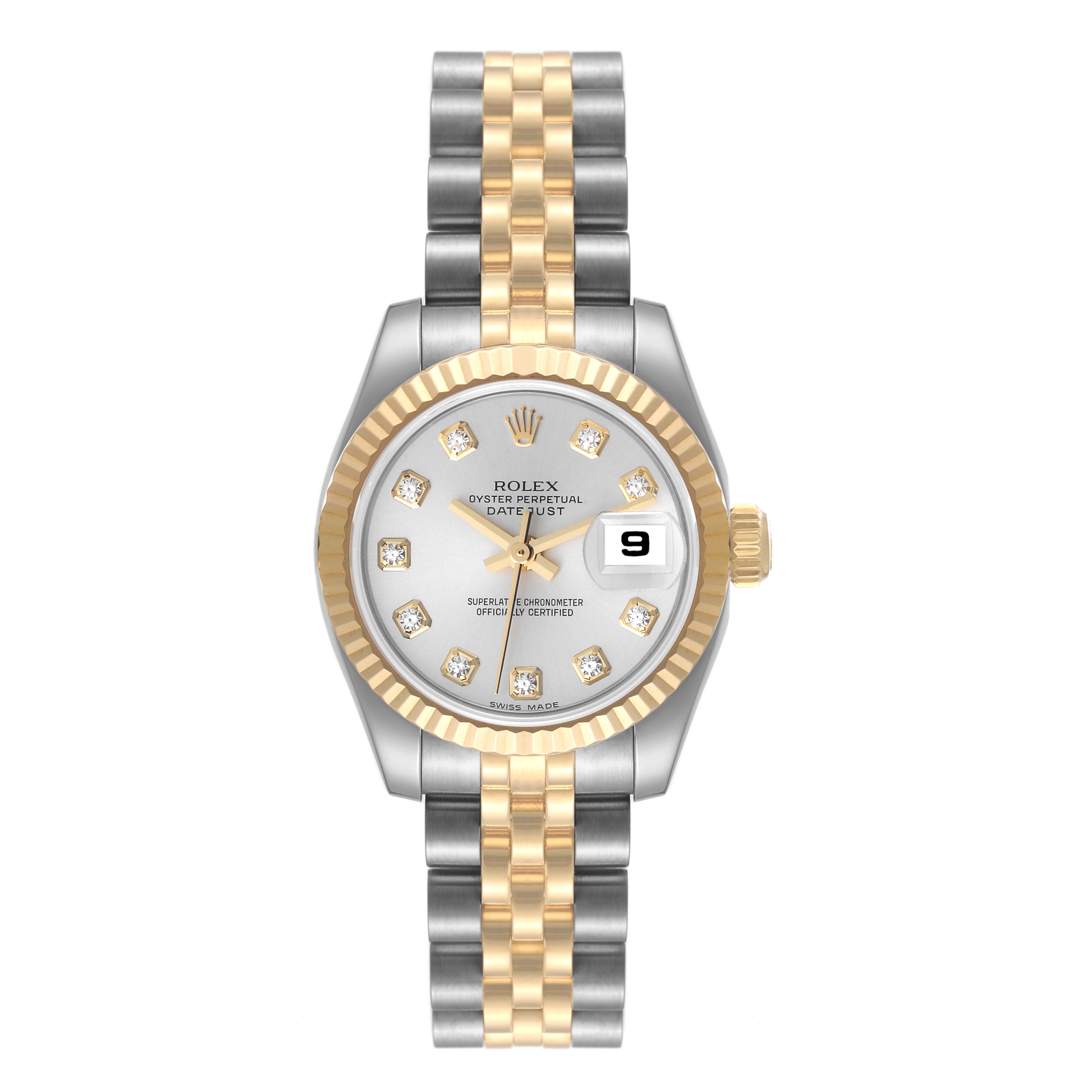 This is a front view of a Rolex Datejust 179173 Women's Steel and Gold (two tone) Grey Dial 179173 Women's Steel and Gold (two tone) Grey Dial watch showing the face, bezel, bracelet, and date window.