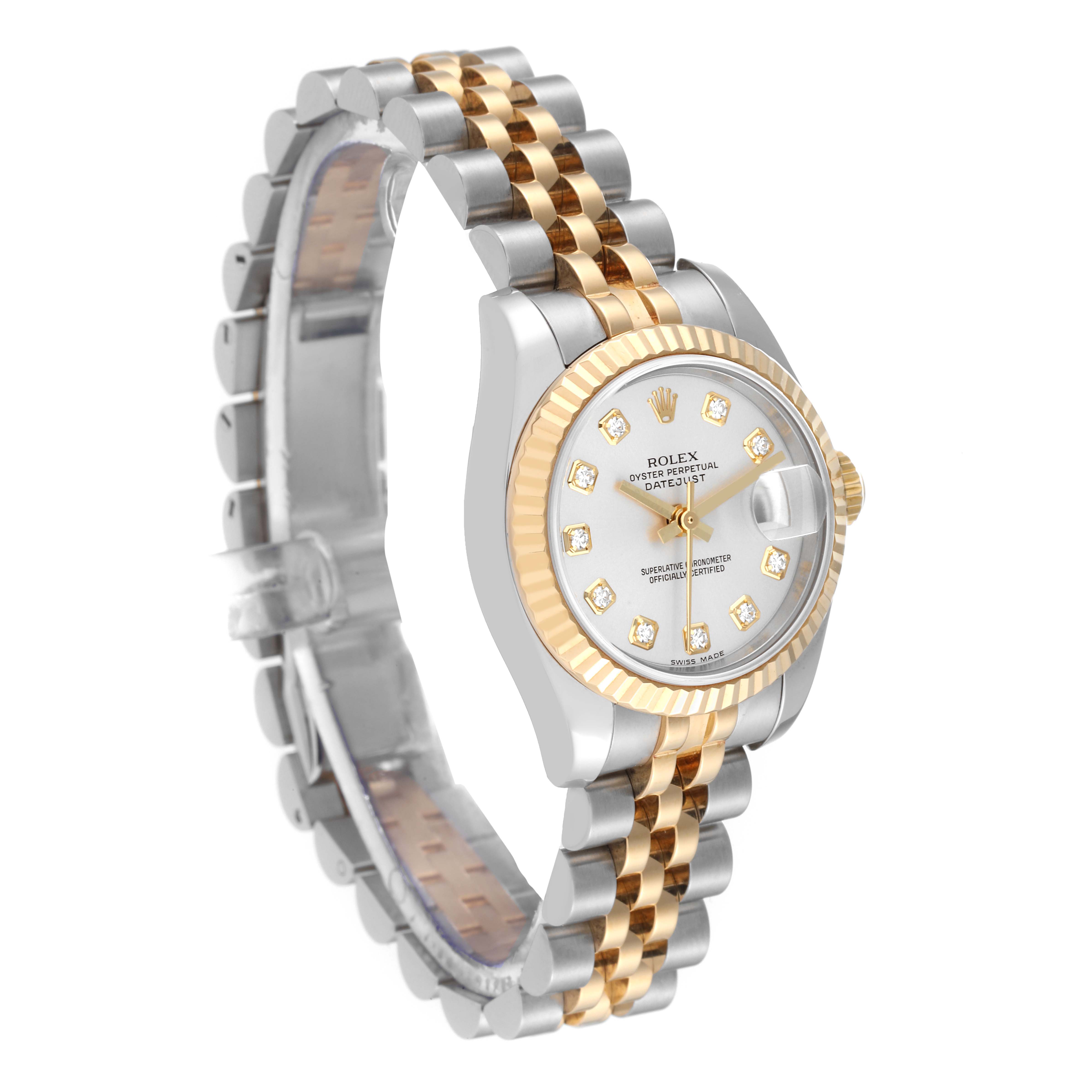 The image shows a Rolex Datejust 179173 Women's Steel and Gold (two tone) Grey Dial 179173 Women's Steel and Gold (two tone) Grey Dial watch angled to display the face, bezel, and two-tone bracelet.