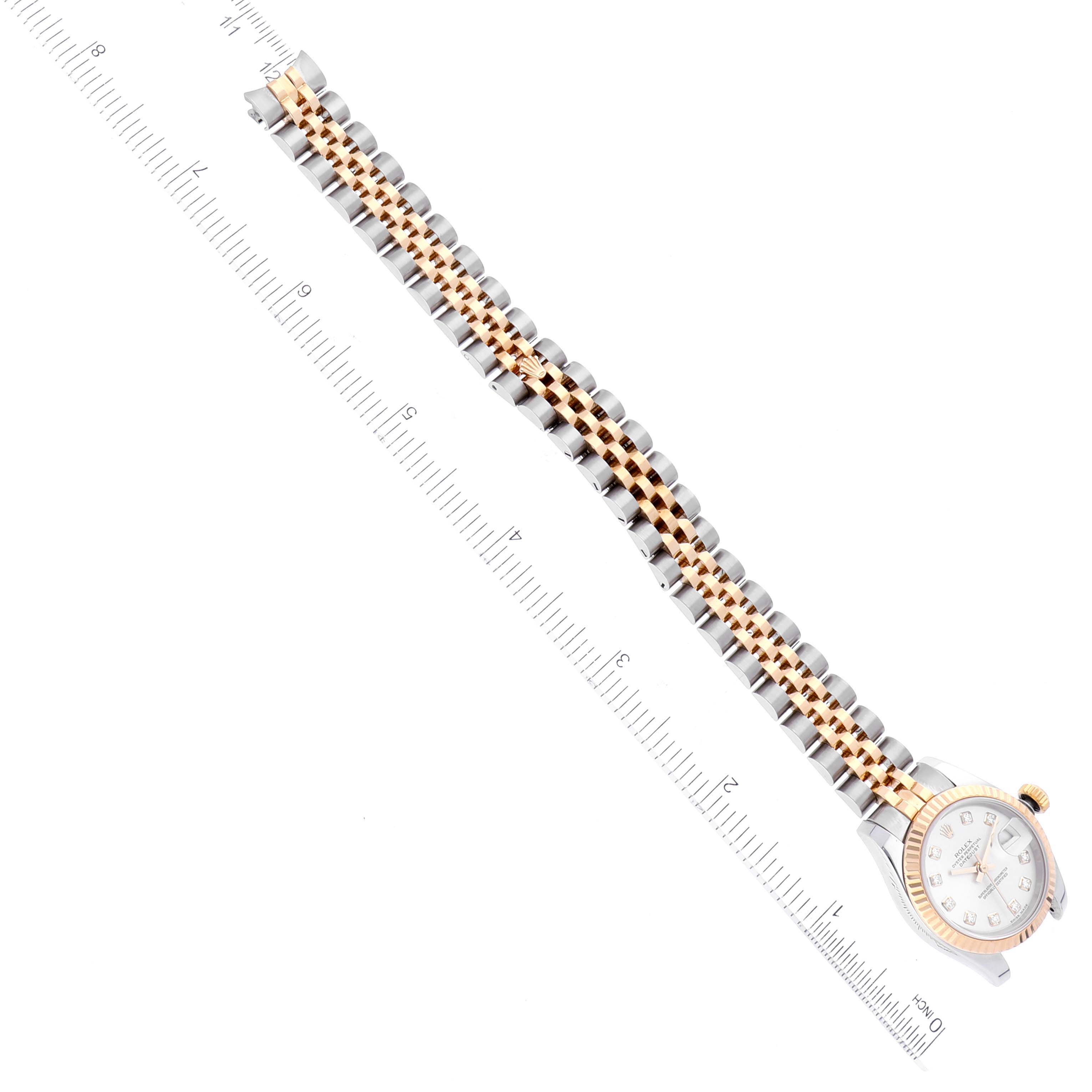 The image shows a top-down view of a Rolex Datejust 179173 Women's Steel and Gold (two tone) Grey Dial 179173 Women's Steel and Gold (two tone) Grey Dial watch, focused on the two-tone bracelet and the dial partially.