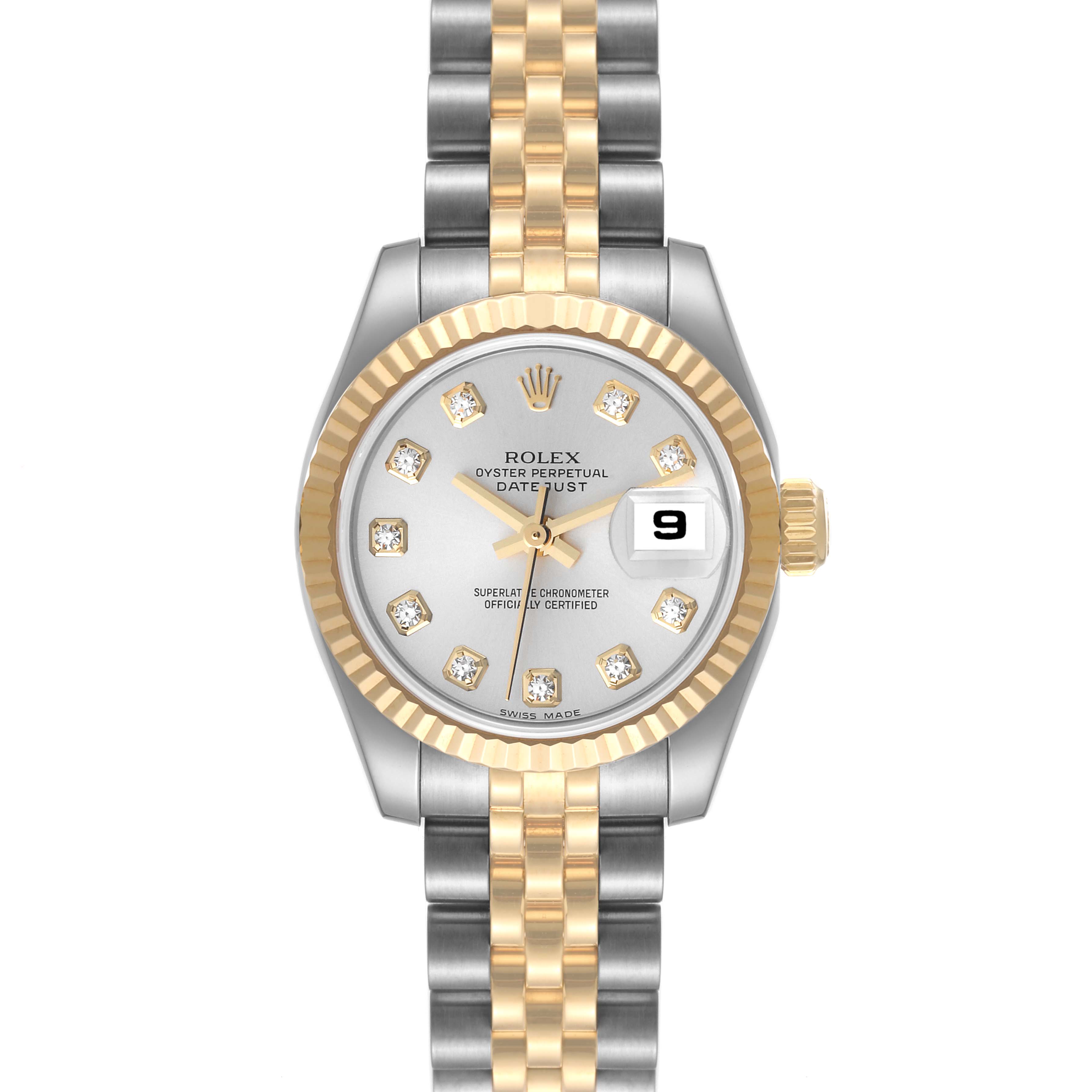 The image shows a frontal view of a Rolex Datejust 179173 Women's Steel and Gold (two tone) Grey Dial 179173 Women's Steel and Gold (two tone) Grey Dial model, highlighting the dial, bezel, and bracelet.