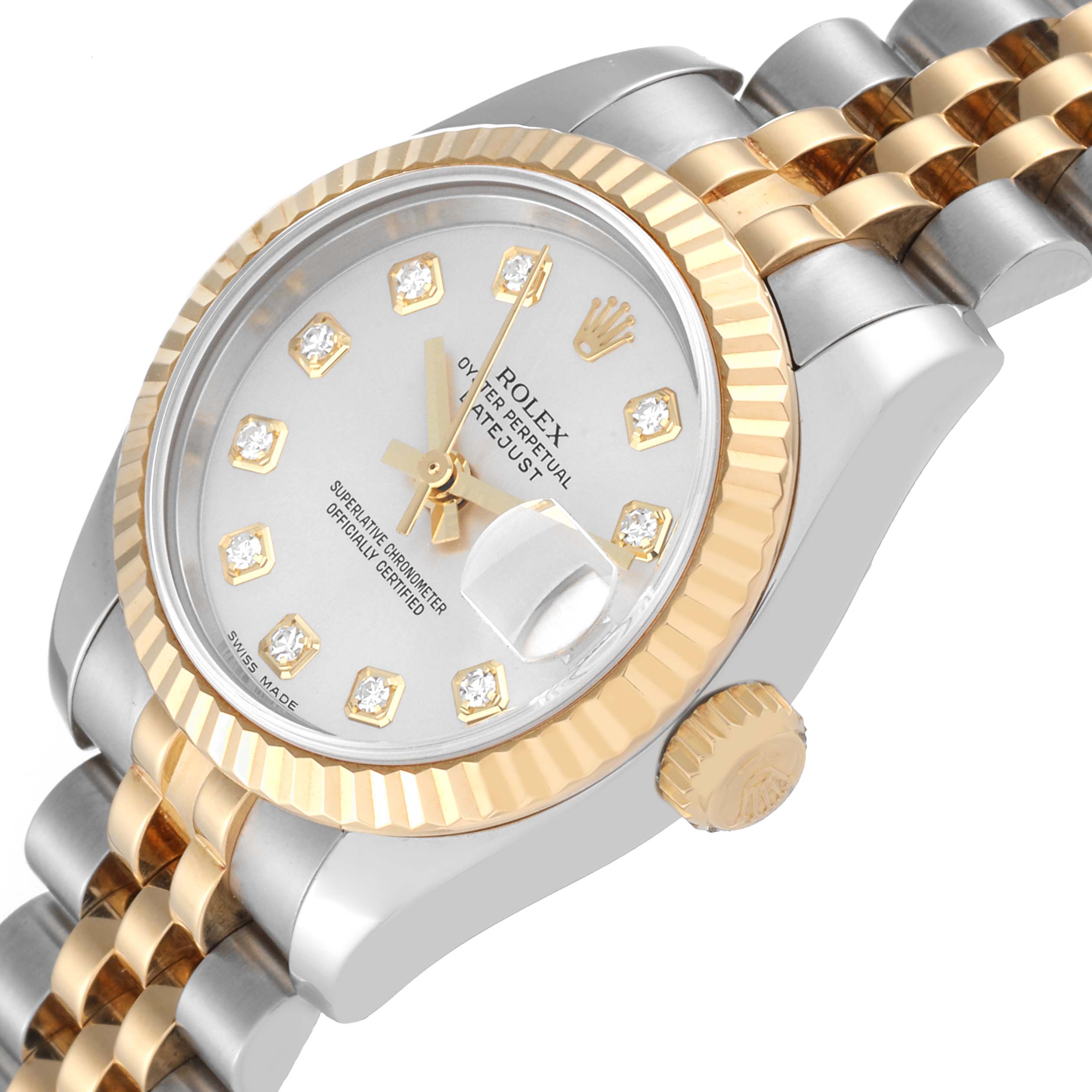 This image shows a Rolex Datejust 179173 Women's Steel and Gold (two tone) Grey Dial 179173 Women's Steel and Gold (two tone) Grey Dial watch angled to display the dial, bezel, crown, and part of the bracelet.