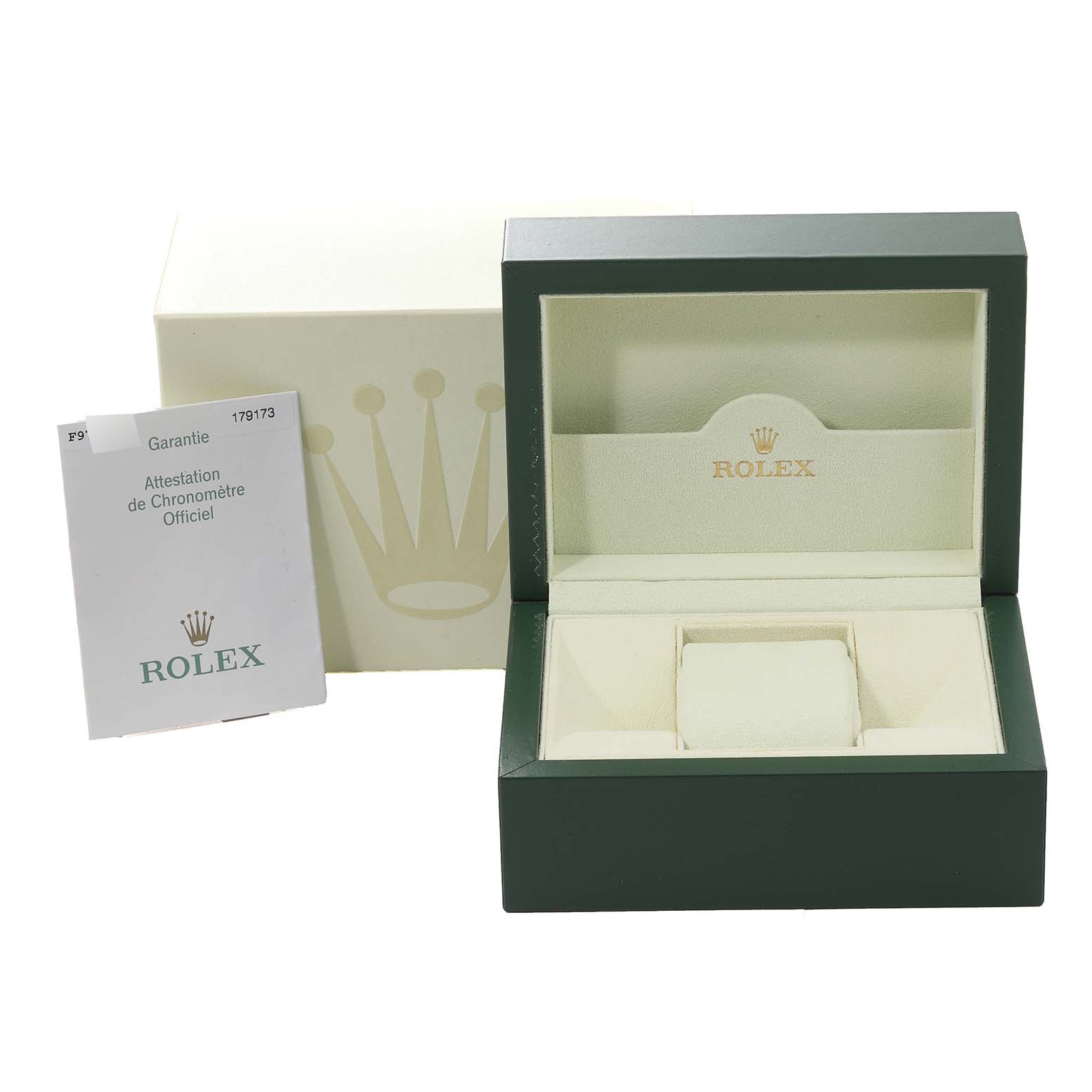 The image shows the open box and warranty card for a Rolex Datejust 179173 Women's Steel and Gold (two tone) Grey Dial 179173 Women's Steel and Gold (two tone) Grey Dial watch, along with an outer box.