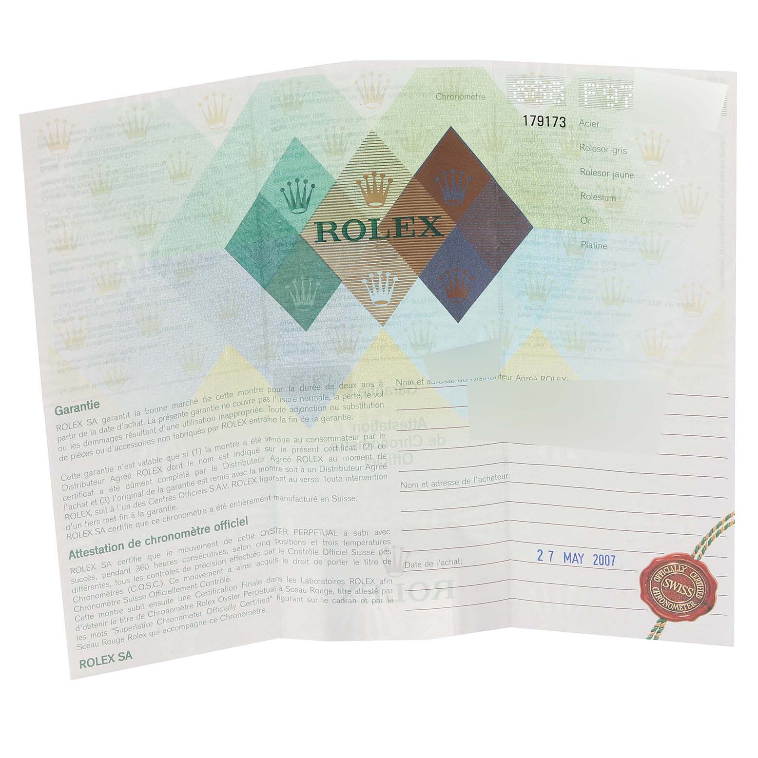 The image shows the warranty certificate of a Rolex Datejust 179173 Women's Steel and Gold (two tone) Grey Dial 179173 Women's Steel and Gold (two tone) Grey Dial watch, displaying information about authenticity and purchase date.