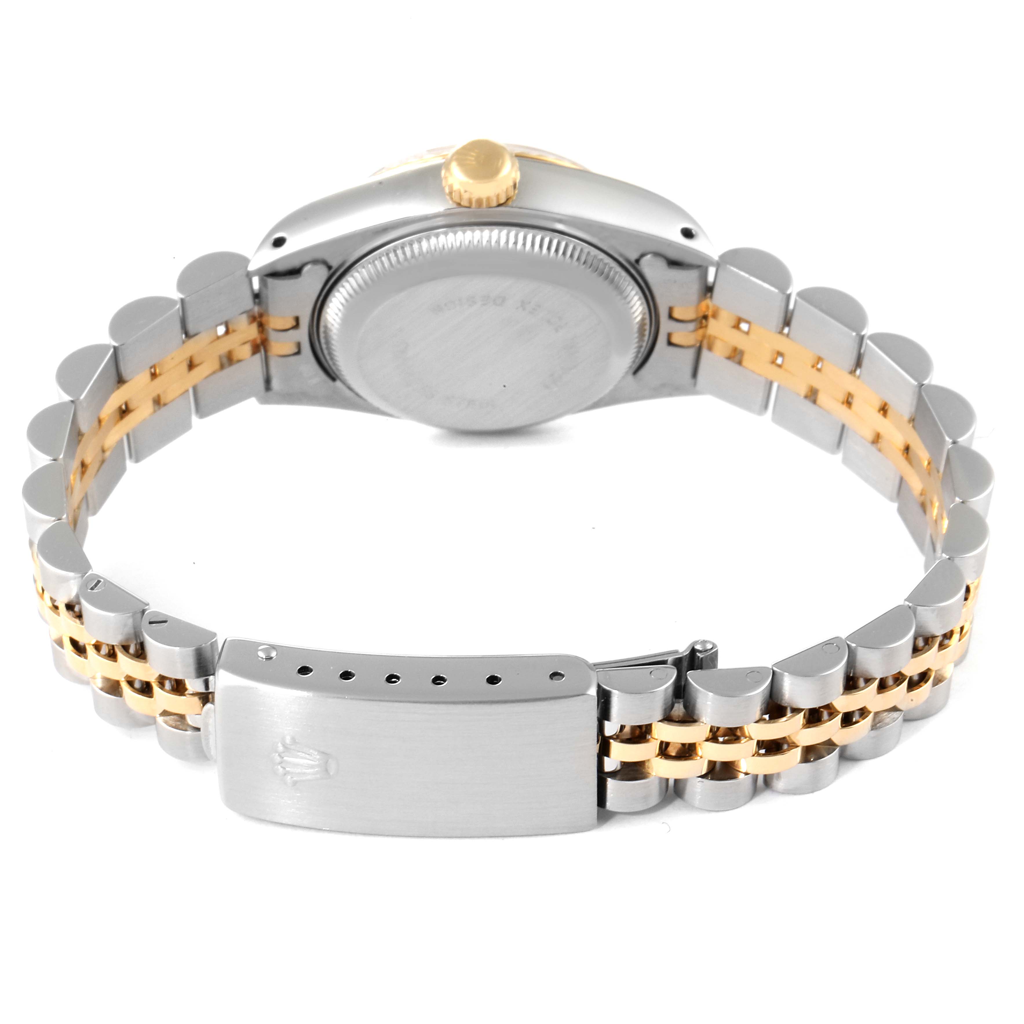 The image shows the back view of a Rolex Datejust 69173 Women's Steel and Gold (two tone) Blue Dial 69173 Women's Steel and Gold (two tone) Blue Dial watch, highlighting its two-tone bracelet and clasp.