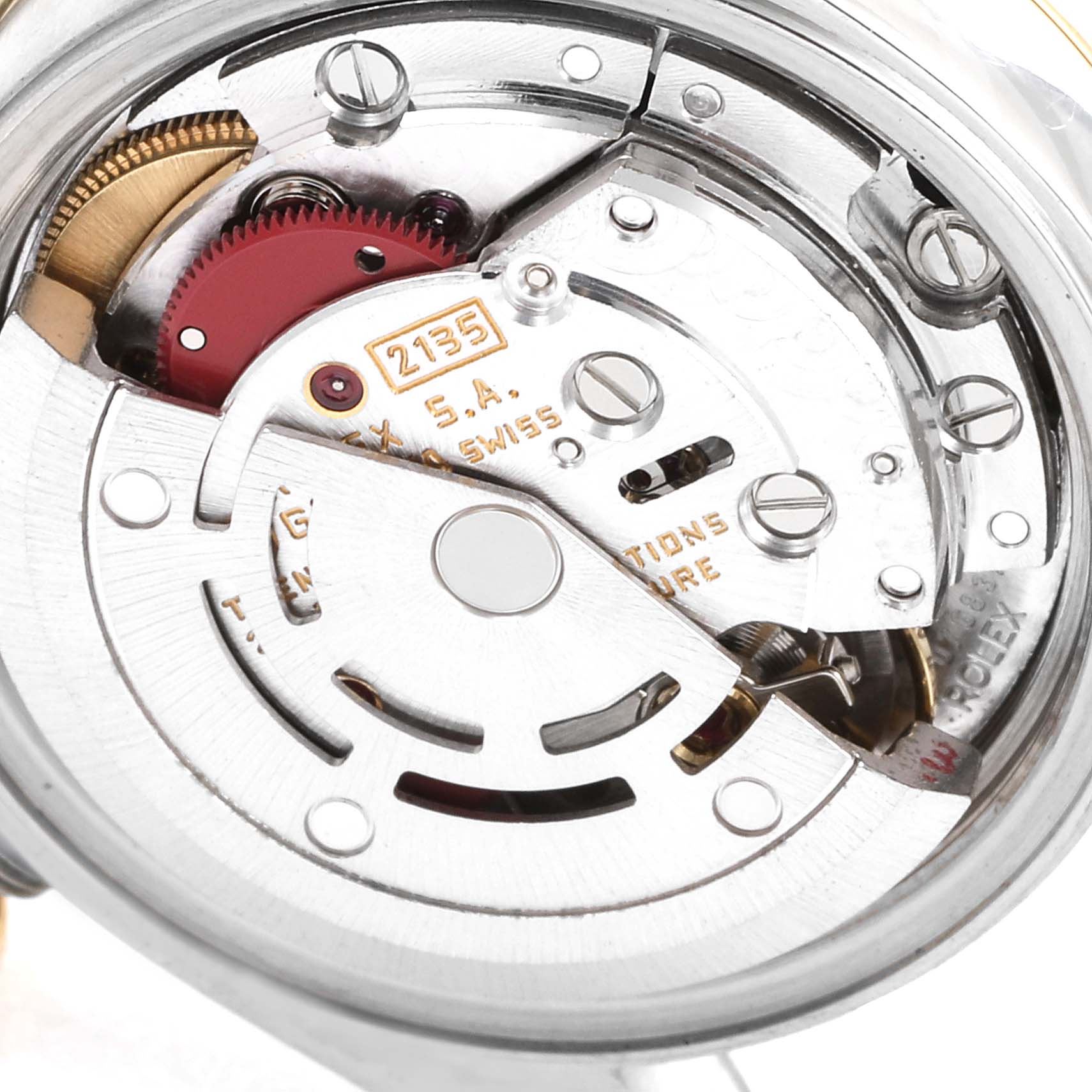 The image shows the internal mechanism and movement of a Rolex Datejust 69173 Women's Steel and Gold (two tone) Blue Dial 69173 Women's Steel and Gold (two tone) Blue Dial watch, viewed from the back.