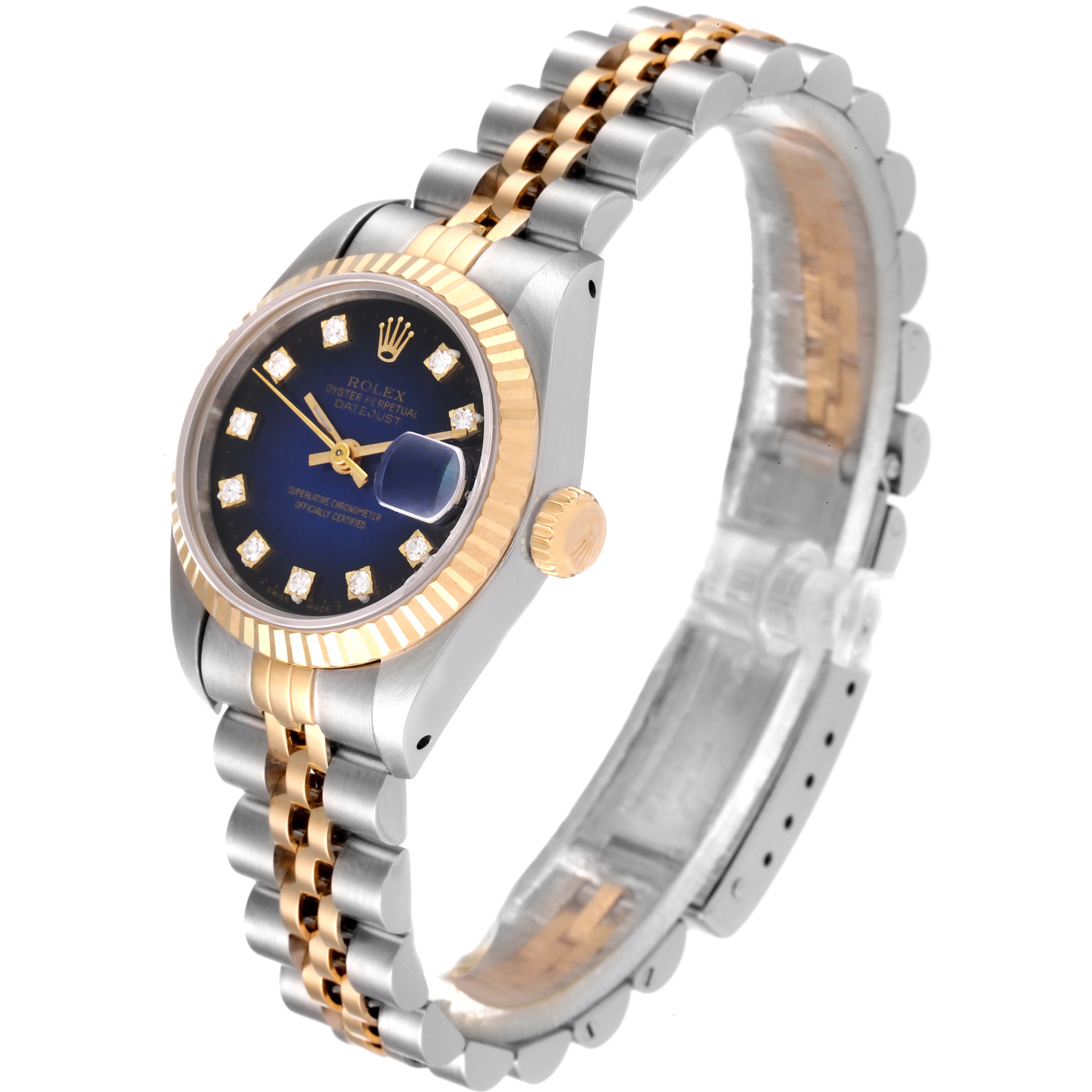 This image shows a side angle of a Rolex Datejust 69173 Women's Steel and Gold (two tone) Blue Dial 69173 Women's Steel and Gold (two tone) Blue Dial watch, highlighting its blue dial, fluted bezel, and two-tone bracelet.
