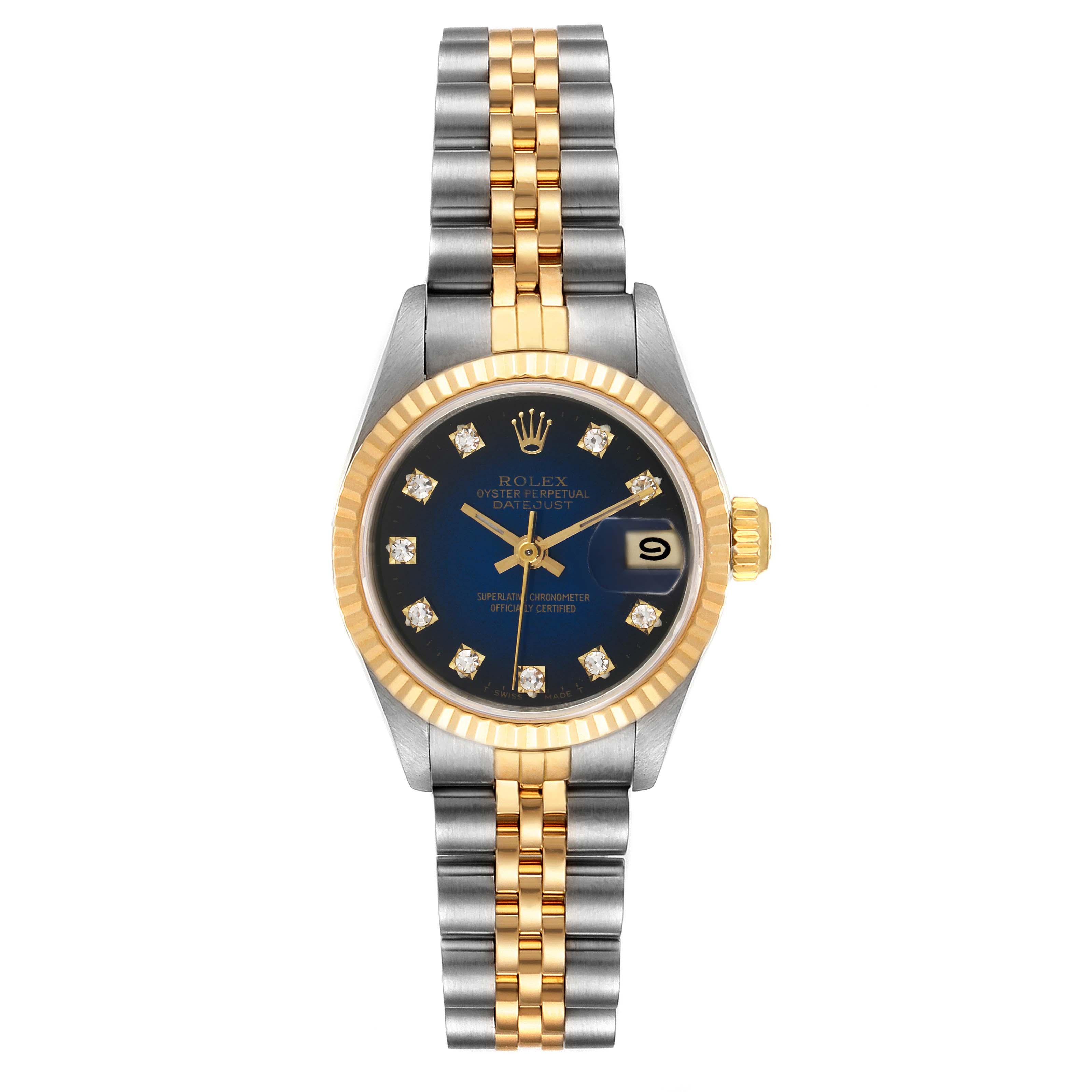 The image shows a front view of a Rolex Datejust 69173 Women's Steel and Gold (two tone) Blue Dial 69173 Women's Steel and Gold (two tone) Blue Dial watch, featuring a two-tone bracelet and a black dial with diamond hour markers.