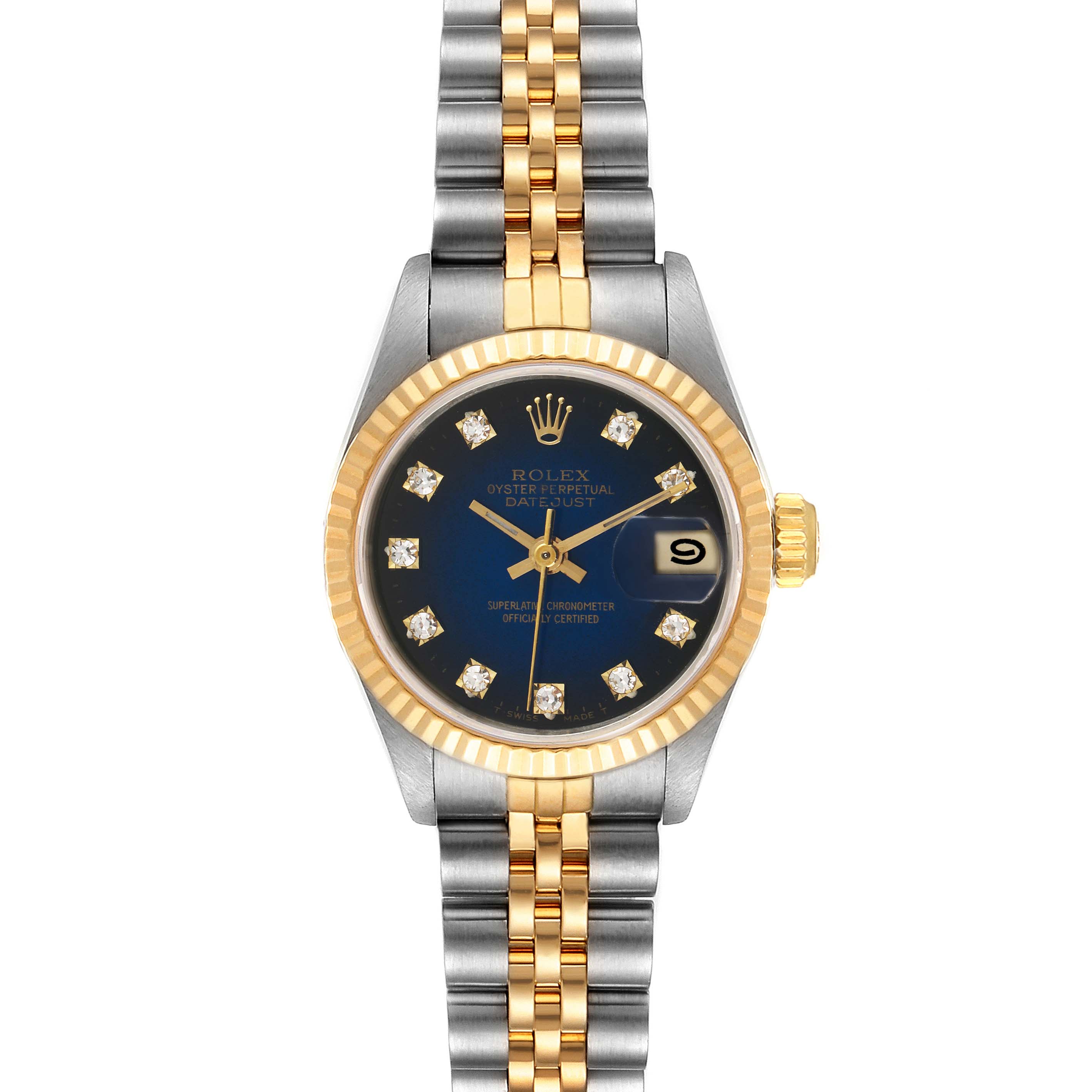 The image shows the Rolex Datejust 69173 Women's Steel and Gold (two tone) Blue Dial 69173 Women's Steel and Gold (two tone) Blue Dial watch directly from the front, highlighting its dial, bezel, and two-tone bracelet.