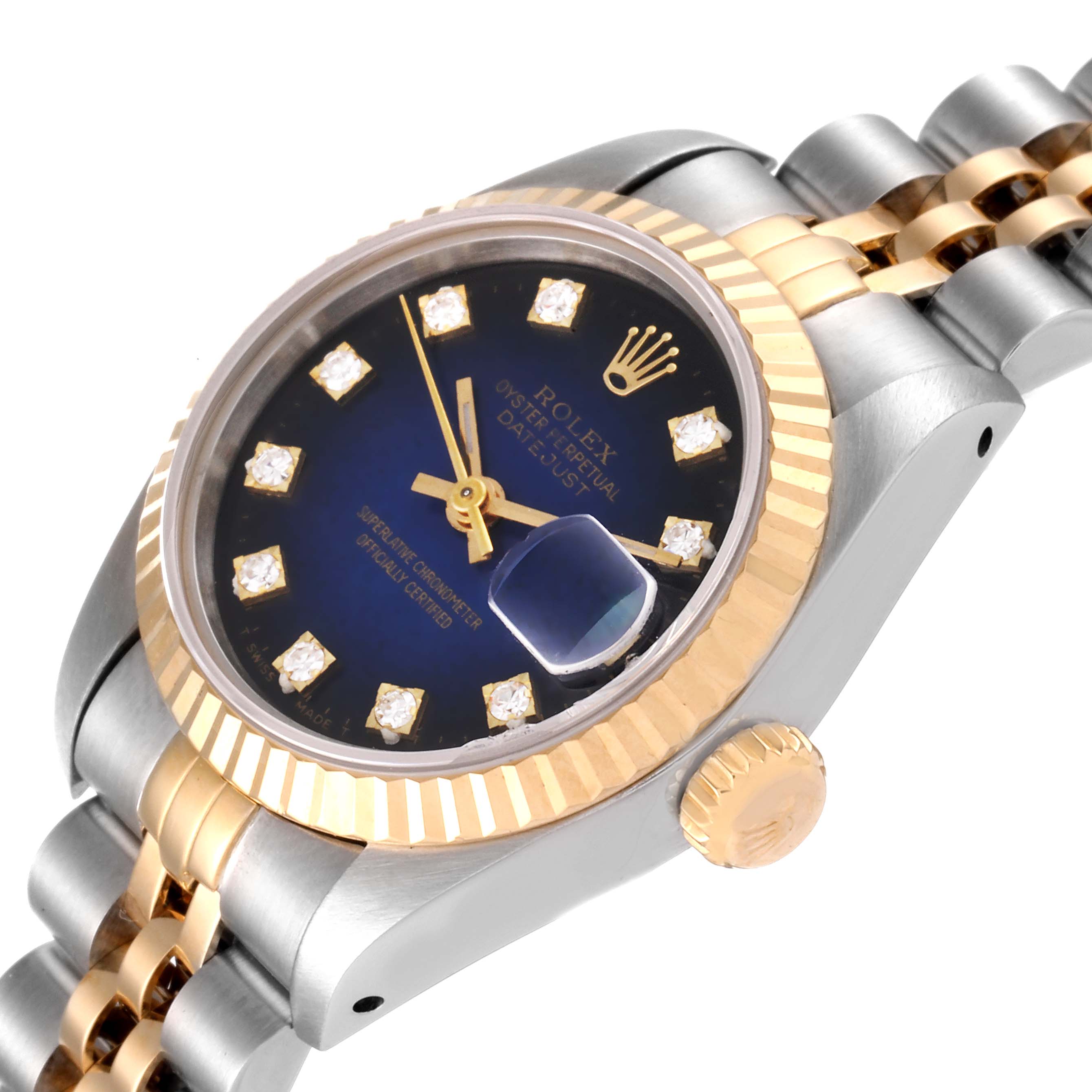 The image shows a close-up angle of a Rolex Datejust 69173 Women's Steel and Gold (two tone) Blue Dial 69173 Women's Steel and Gold (two tone) Blue Dial watch, highlighting its dial, fluted bezel, crown, and part of the bracelet.