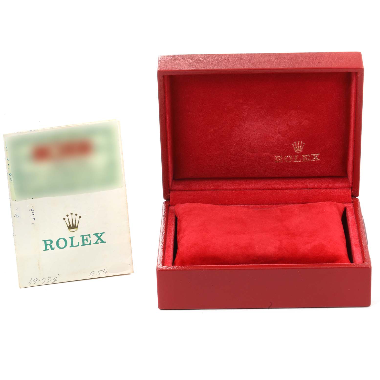 The image shows a Rolex Datejust 69173 Women's Steel and Gold (two tone) Blue Dial 69173 Women's Steel and Gold (two tone) Blue Dial watch box and paperwork, with the box open and lined with red fabric.