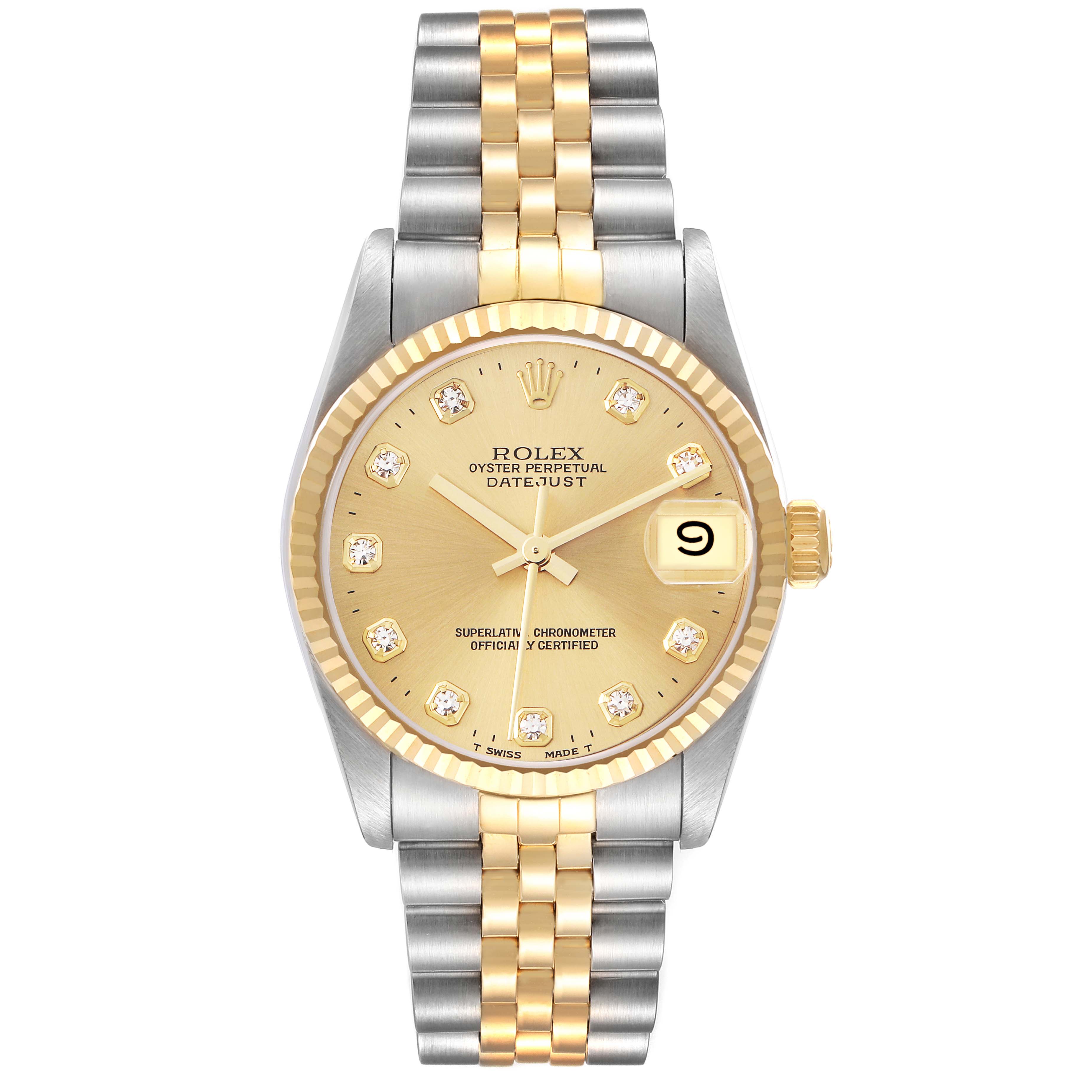 The Rolex Mid-Size 68273 Women's Steel and Gold (two tone) Champagne Dial 68273 Women's Steel and Gold (two tone) Champagne Dial Datejust watch is shown from the front, featuring a gold and silver bracelet and a diamond-accented dial.