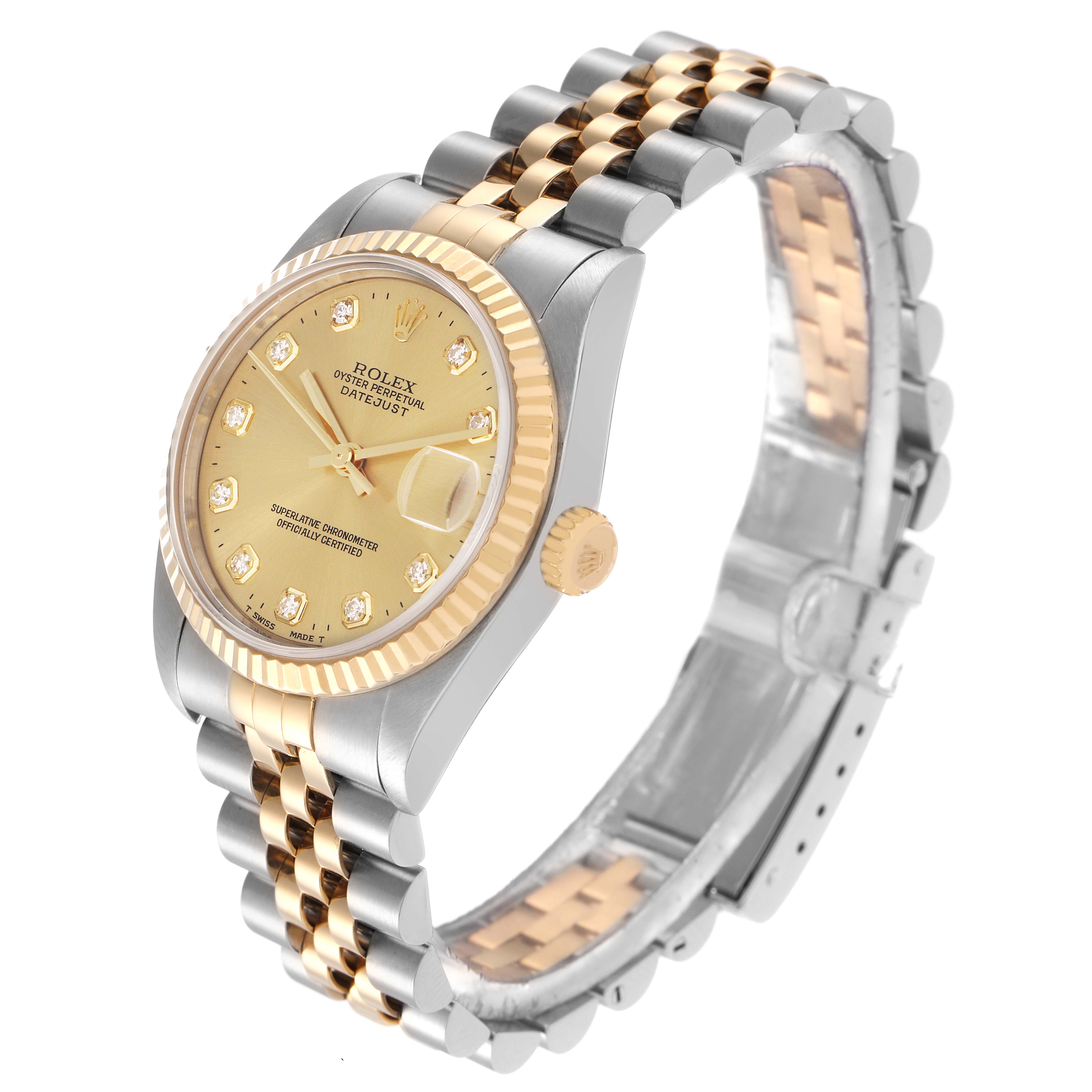 The Rolex Mid-Size 68273 Women's Steel and Gold (two tone) Champagne Dial 68273 Women's Steel and Gold (two tone) Champagne Dial watch is shown at an angled view, displaying the face, fluted bezel, and part of the two-tone bracelet.