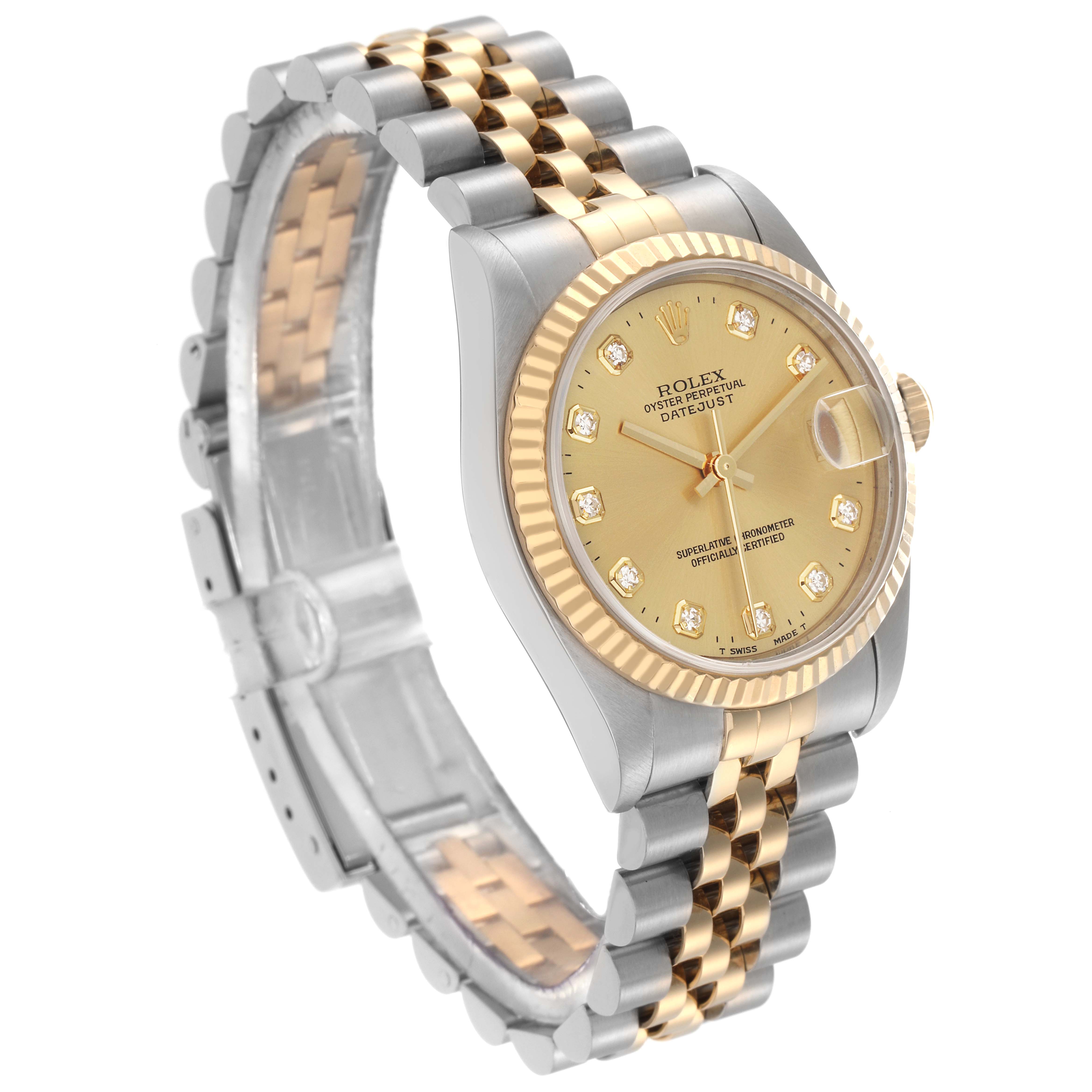 The Rolex Mid-Size 68273 Women's Steel and Gold (two tone) Champagne Dial 68273 Women's Steel and Gold (two tone) Champagne Dial watch is angled to show the gold and silver bracelet, fluted bezel, and champagne dial with diamond markers.