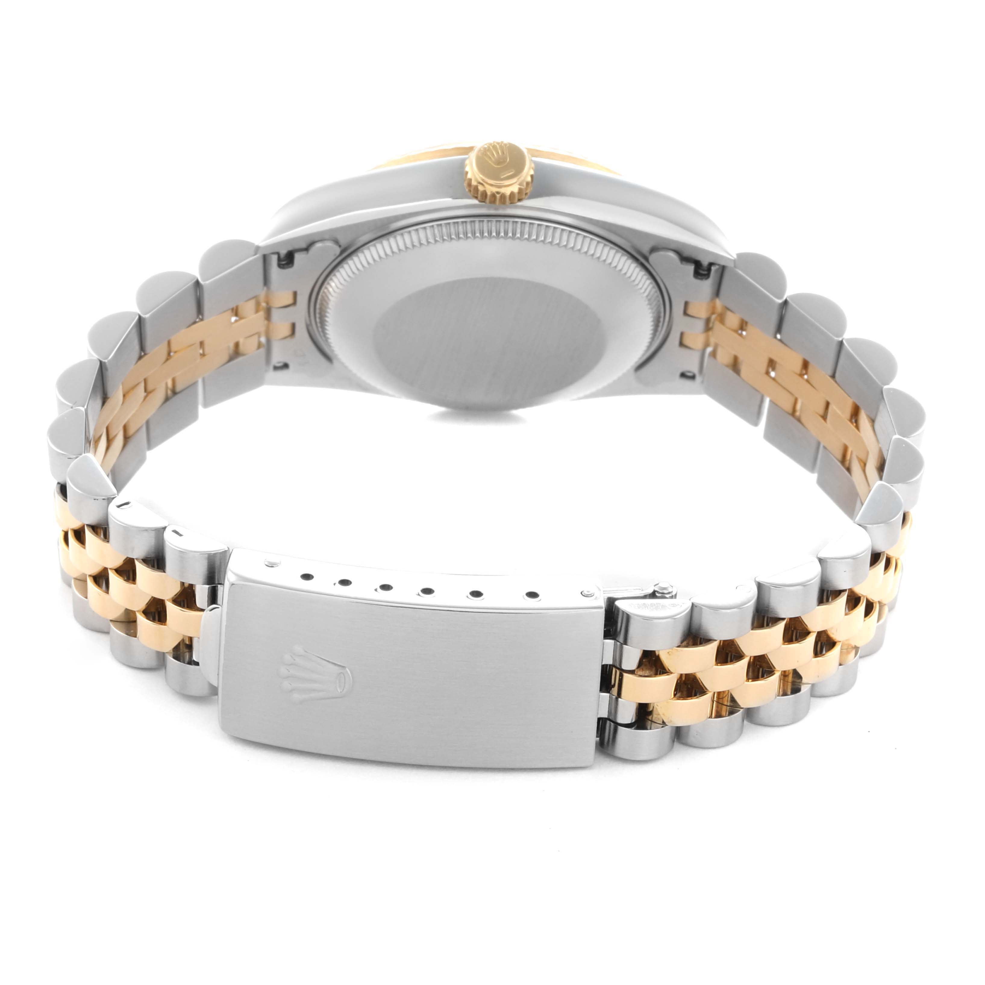 The image shows the back of a Rolex Mid-Size 68273 Women's Steel and Gold (two tone) Champagne Dial 68273 Women's Steel and Gold (two tone) Champagne Dial watch, highlighting the bracelet clasp and case back.