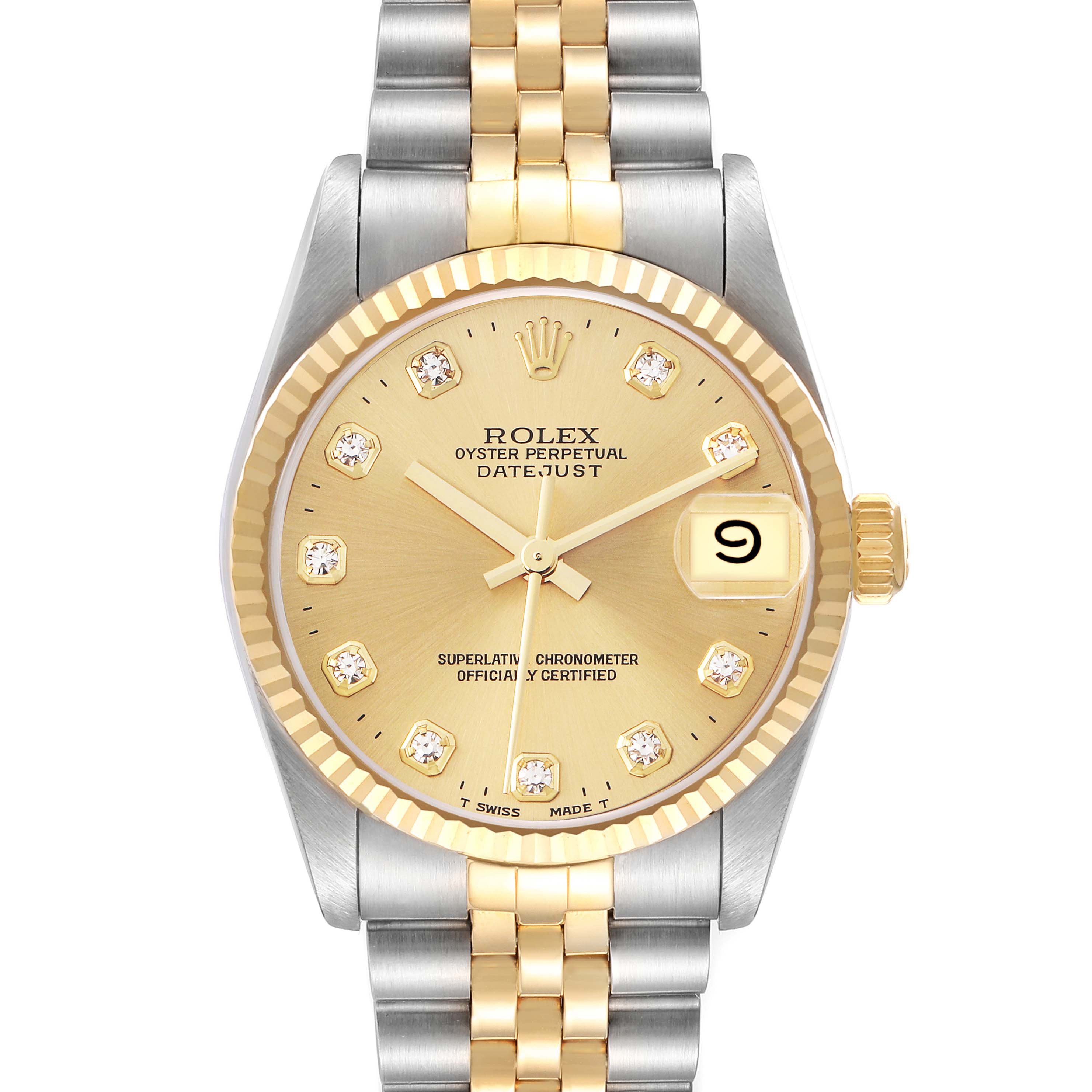 This Rolex Datejust mid-size watch is shown from a front angle, highlighting the dial, bezel, crown, and bracelet.