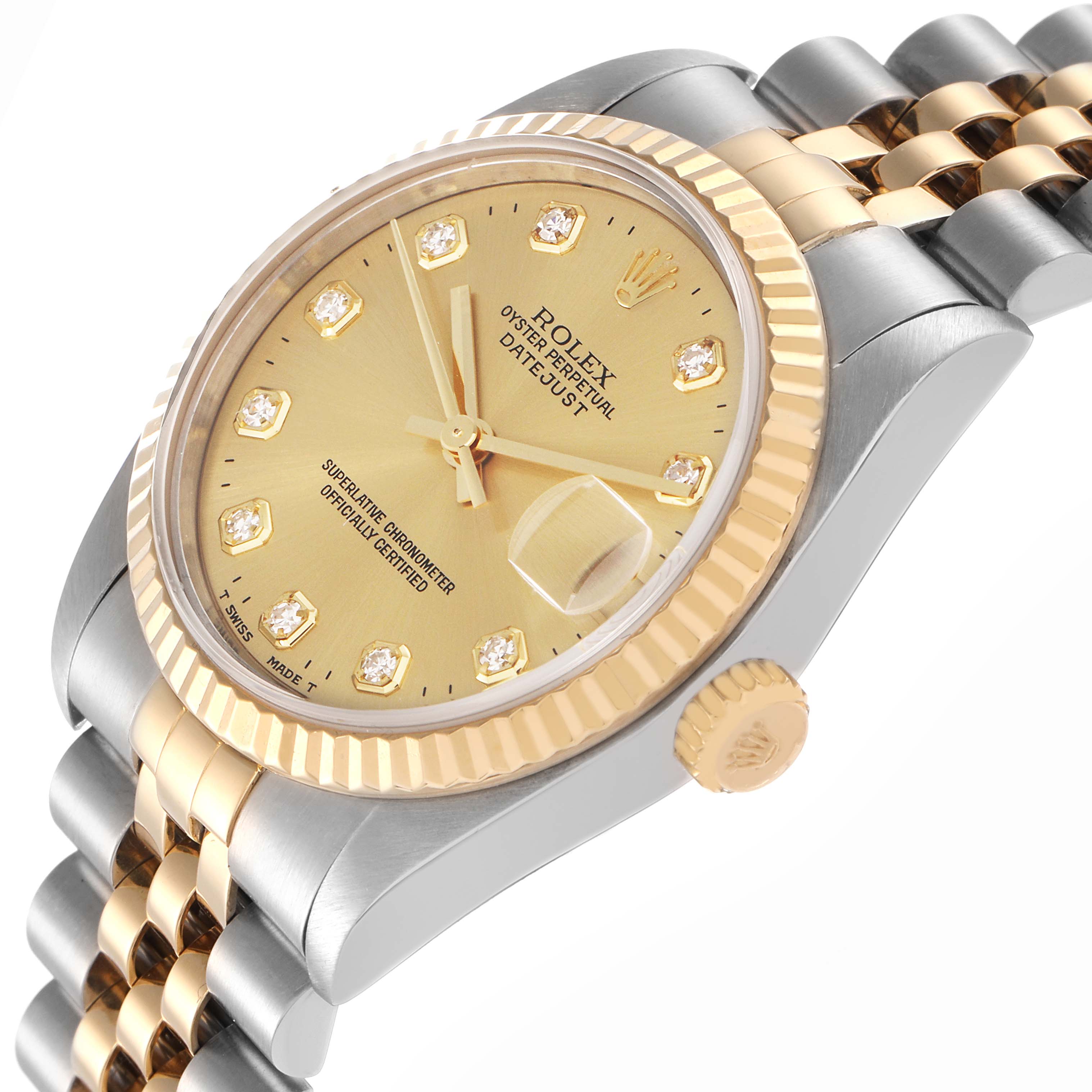 The Rolex Mid-Size 68273 Women's Steel and Gold (two tone) Champagne Dial 68273 Women's Steel and Gold (two tone) Champagne Dial watch is shown at an angle highlighting the face, bezel, crown, and part of the bracelet.