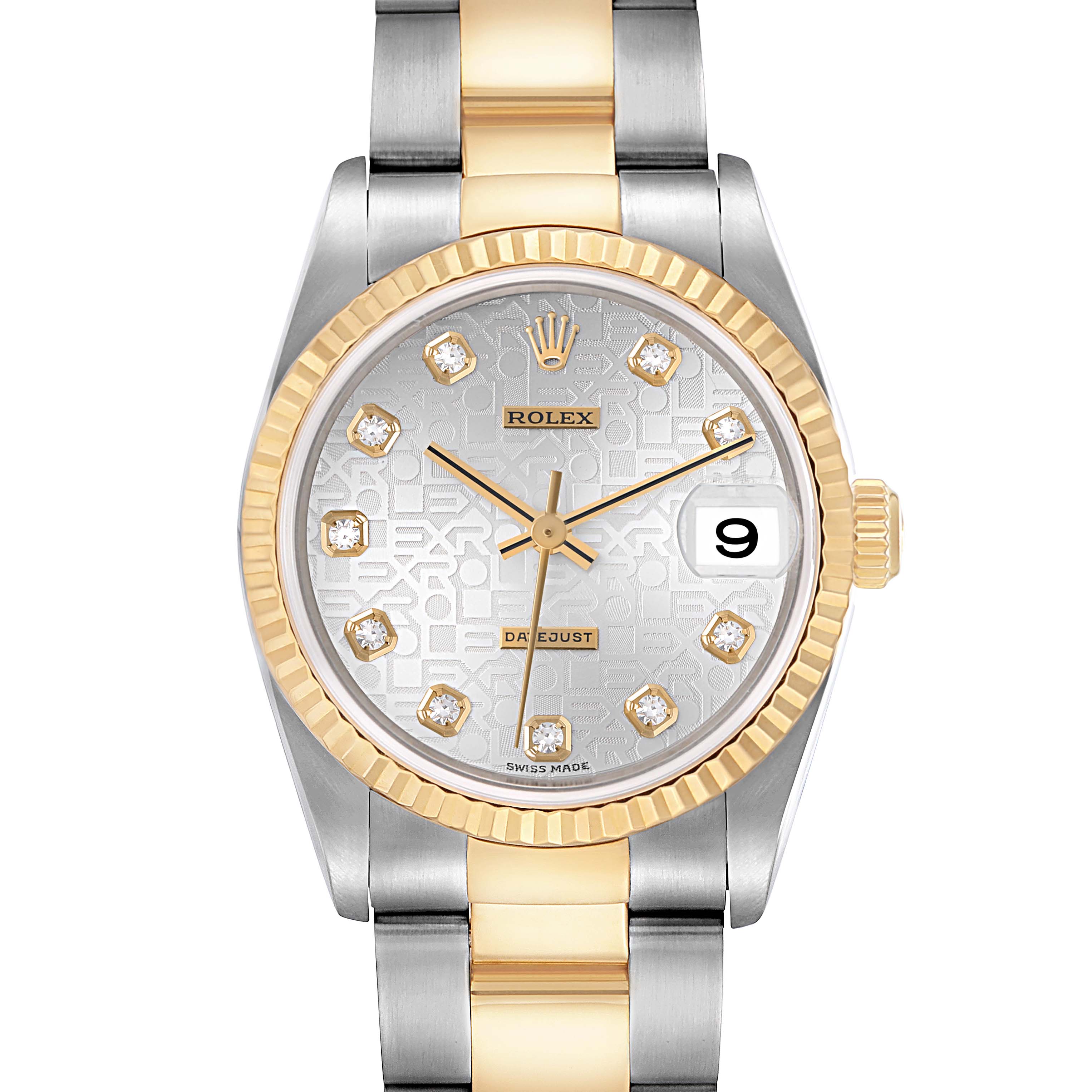 The Rolex Mid-Size 178273 Women
s Steel and Gold (two tone) Silver Dial 178273 Women
s Steel and Gold (two tone) Silver Dial watch is shown from the front, highlighting the dial, bezel, and bracelet.