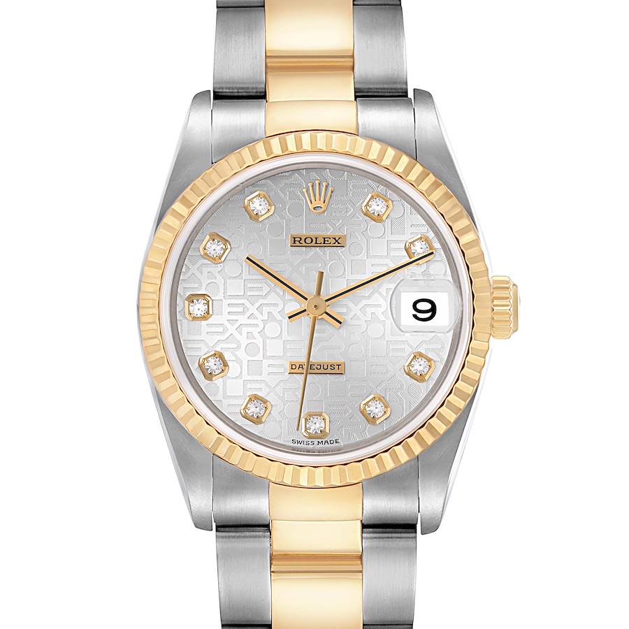 The Rolex Mid-Size watch is shown from the front, highlighting the dial, bezel, and bracelet.