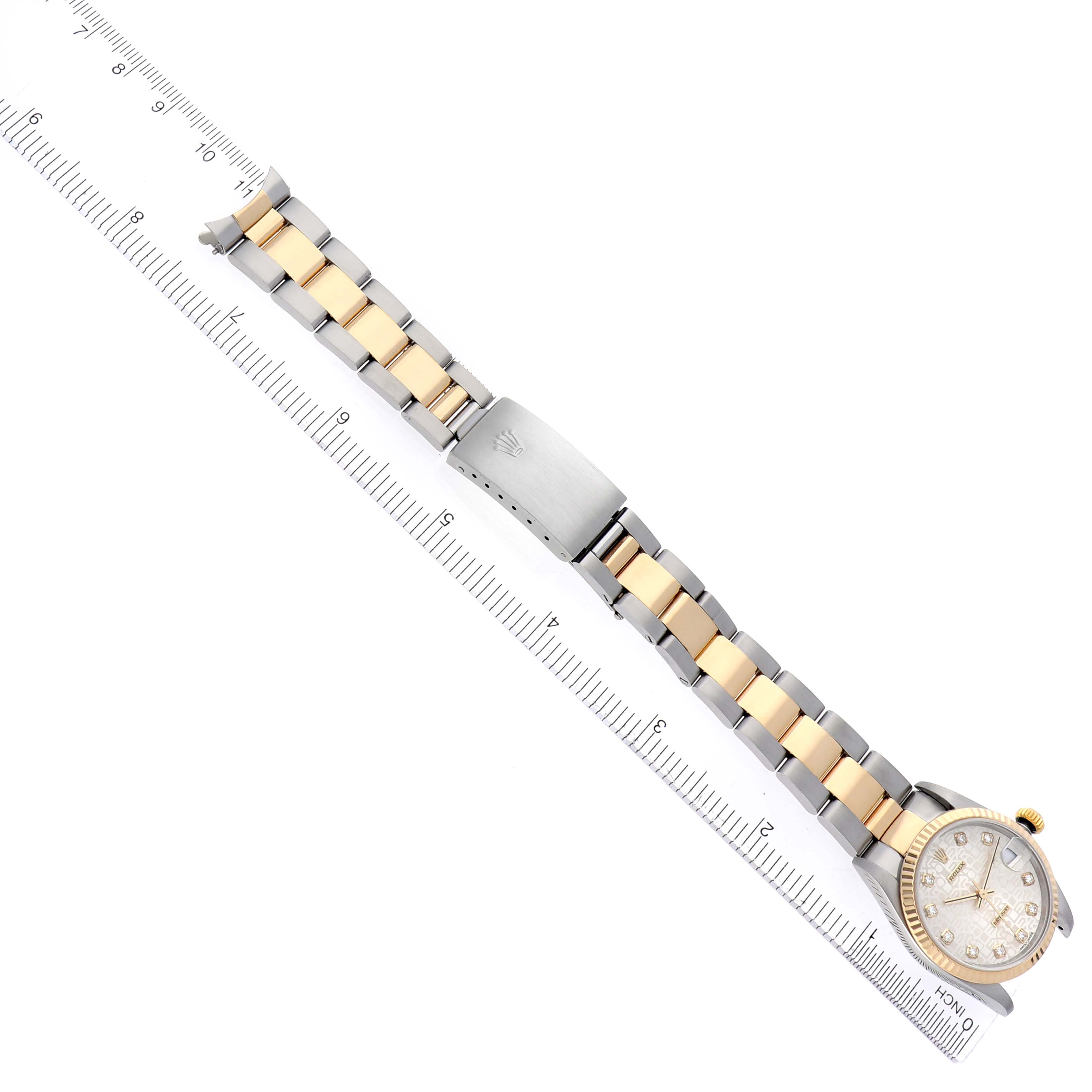 The Rolex Mid-Size 178273 Women
s Steel and Gold (two tone) Silver Dial 178273 Women
s Steel and Gold (two tone) Silver Dial watch is shown from a top-down angle, with the bracelet and clasp fully visible.