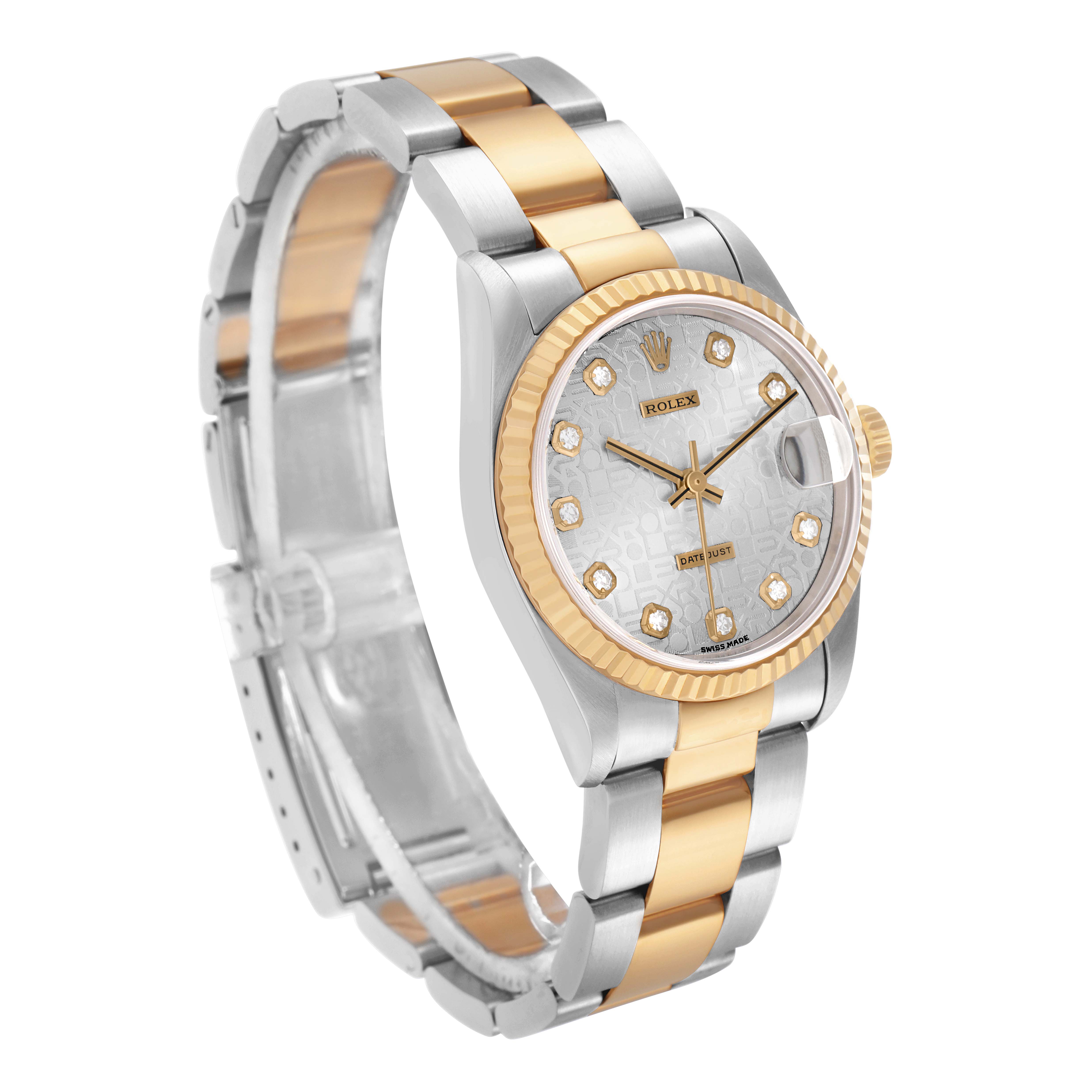 The Rolex Mid-Size 178273 Women
s Steel and Gold (two tone) Silver Dial 178273 Women
s Steel and Gold (two tone) Silver Dial watch is shown at a three-quarter angle, displaying the face, bezel, and part of the bracelet.