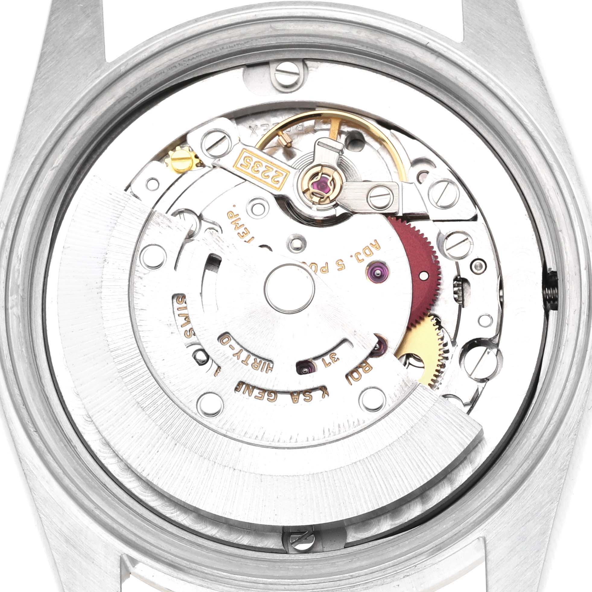 The image shows the Rolex Mid-Size 178273 Women
s Steel and Gold (two tone) Silver Dial 178273 Women
s Steel and Gold (two tone) Silver Dial watch movement from a top view, highlighting gears and the rotor.