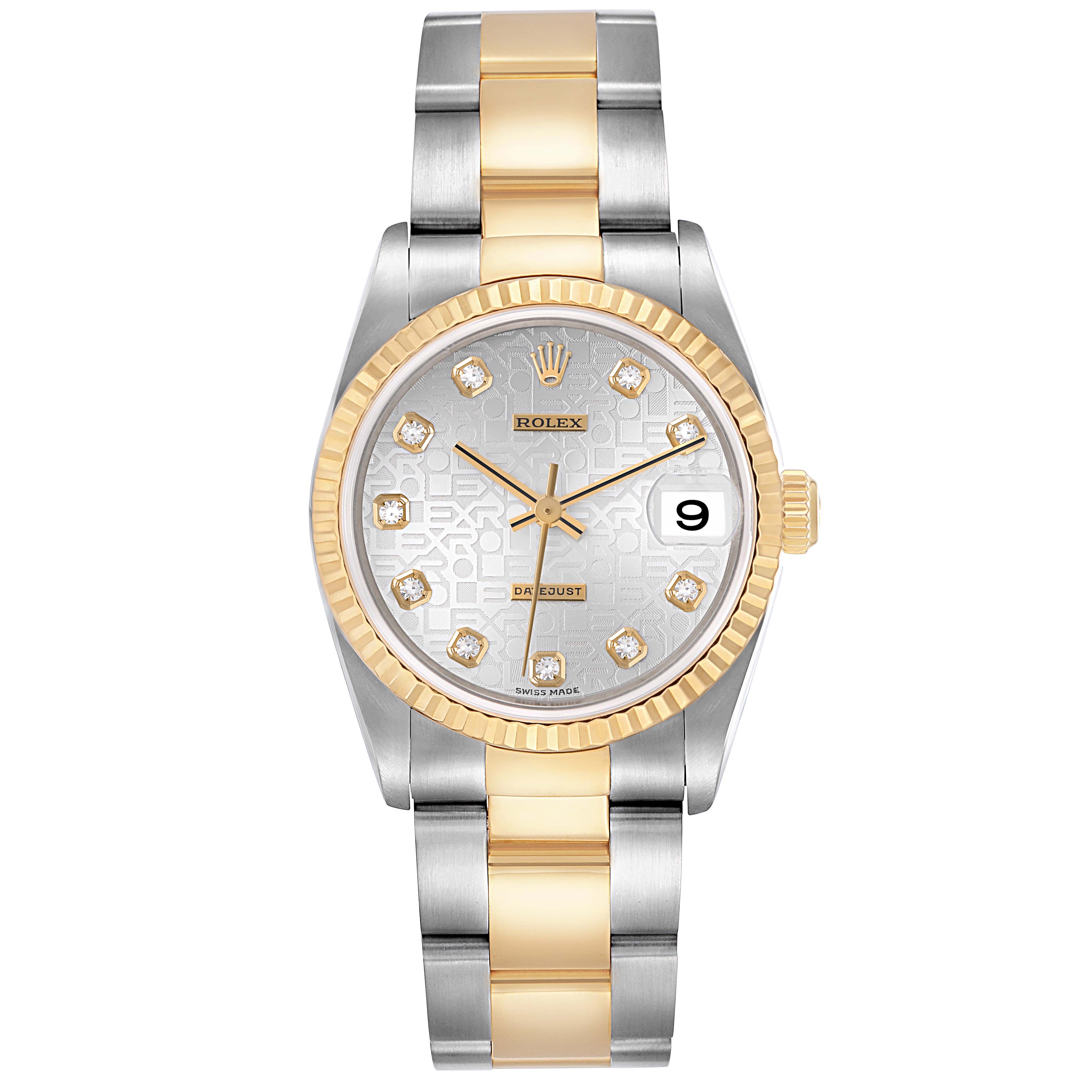 The Rolex Mid-Size 178273 Women
s Steel and Gold (two tone) Silver Dial 178273 Women
s Steel and Gold (two tone) Silver Dial watch is shown from the front, highlighting the bezel, dial, hands, and bracelet.