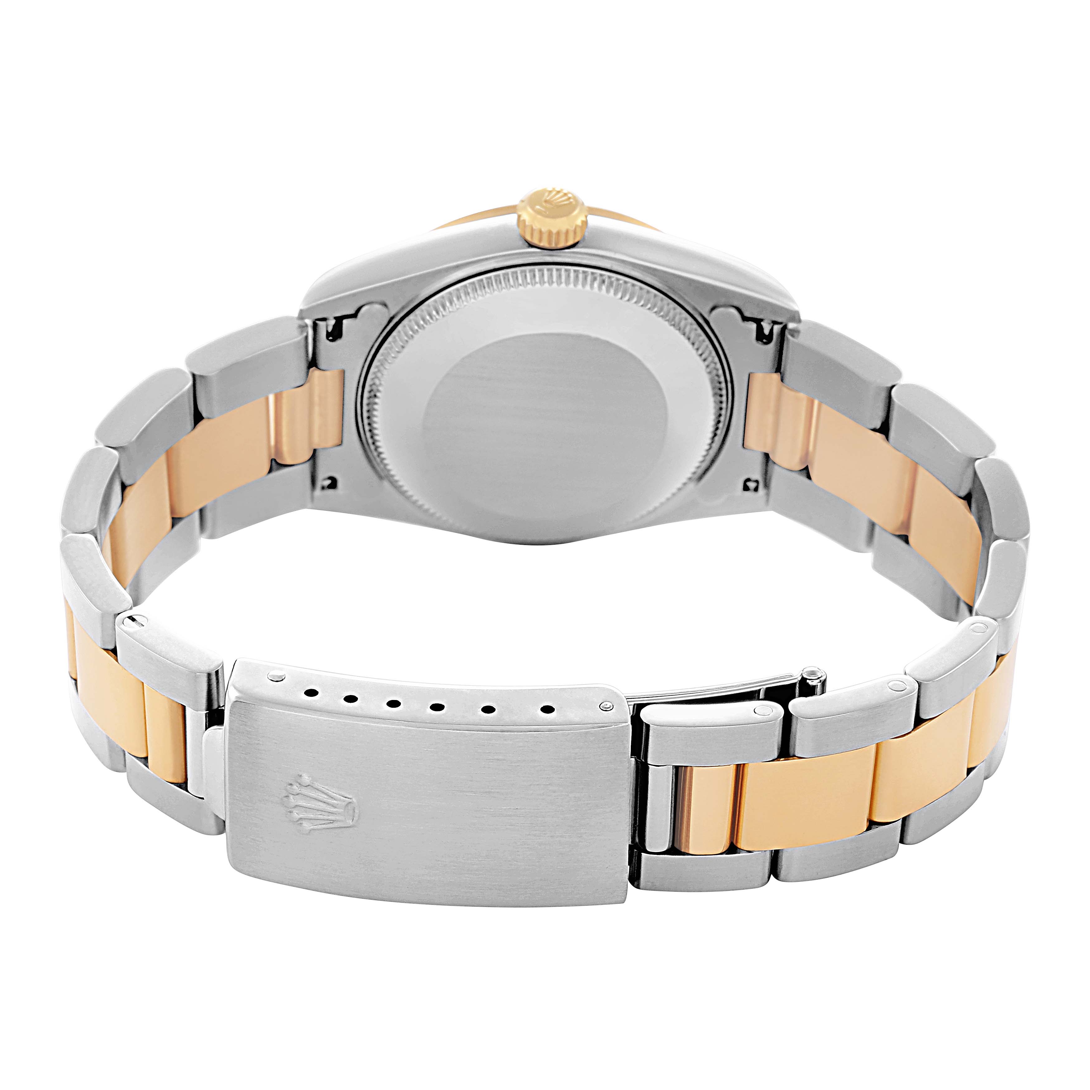 The image shows a rear view of the Rolex Mid-Size 178273 Women
s Steel and Gold (two tone) Silver Dial 178273 Women
s Steel and Gold (two tone) Silver Dial watch, highlighting the bracelet and closed clasp.