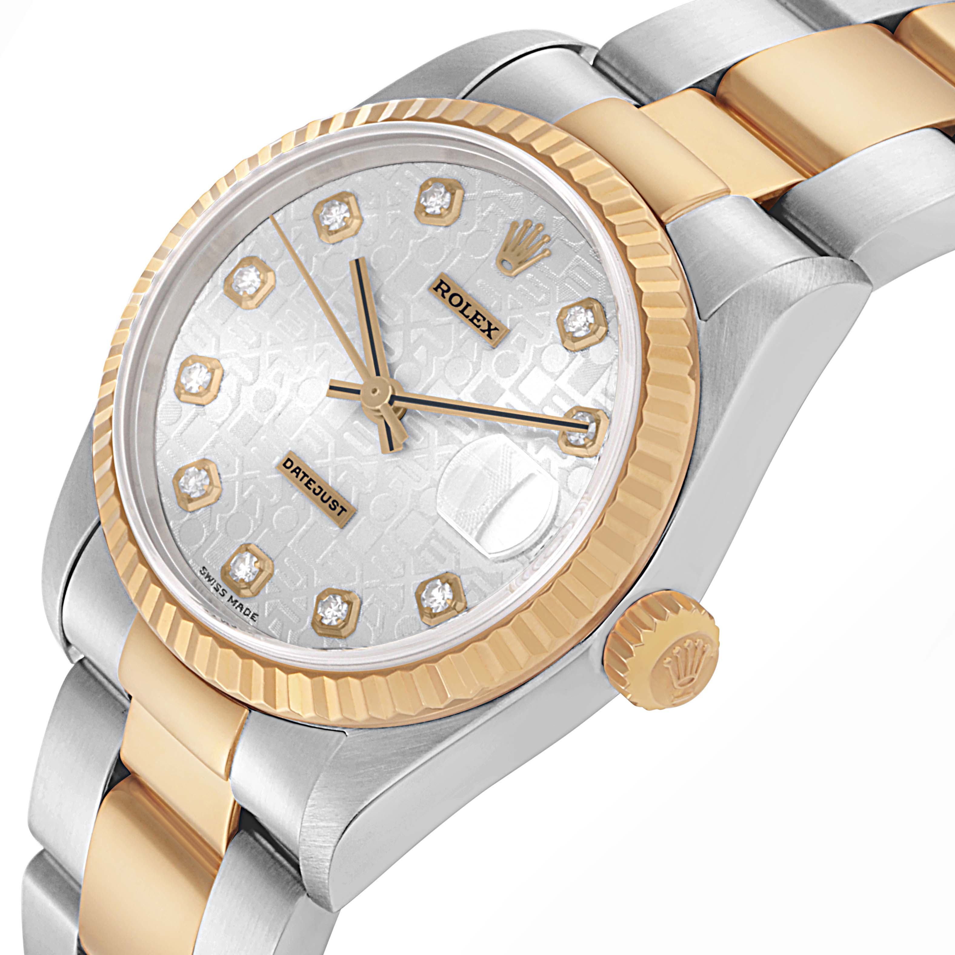 The Rolex Mid-Size 178273 Women
s Steel and Gold (two tone) Silver Dial 178273 Women
s Steel and Gold (two tone) Silver Dial watch is shown at a three-quarter angle, displaying the dial, bezel, crown, and bracelet in gold and silver tones.
